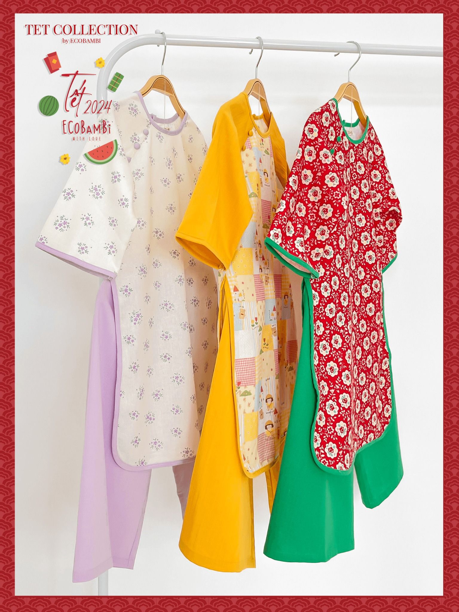 Set áo dài Tết cách tân, thiết kế mang đậm phong cách Vintage cao cấp dành cho bé gái chất liệu linen in hoạ tiết hoa nhí ECOBAMBI - 8935334000841
