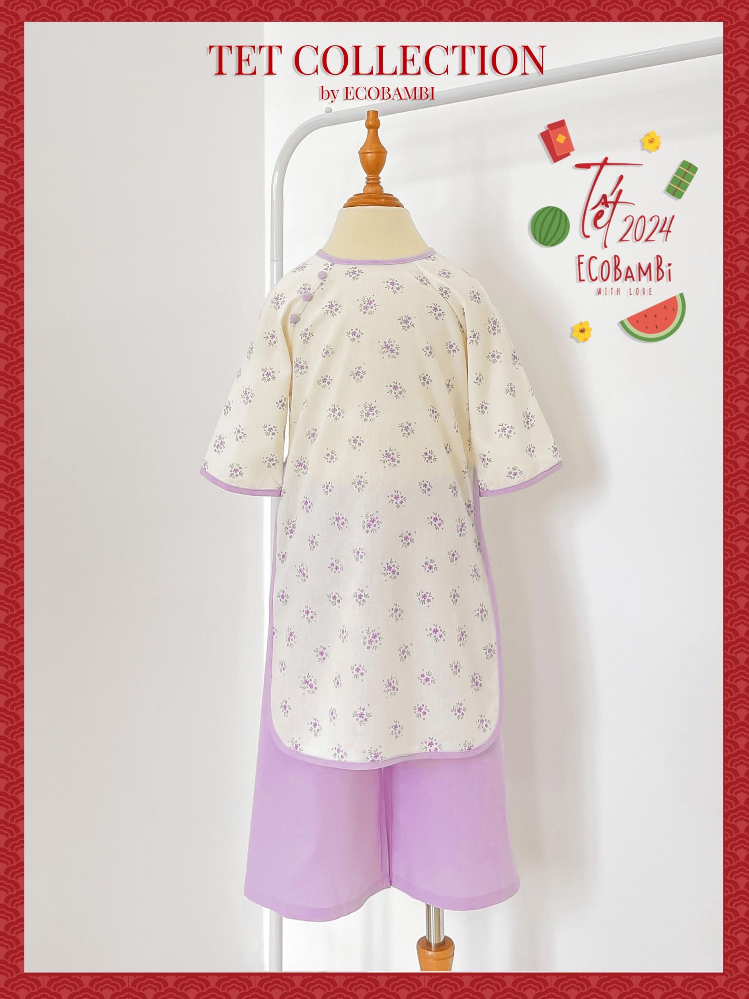 Set áo dài Tết cách tân, thiết kế mang đậm phong cách Vintage cao cấp dành cho bé gái chất liệu linen in hoạ tiết hoa nhí ECOBAMBI - 8935334000841
