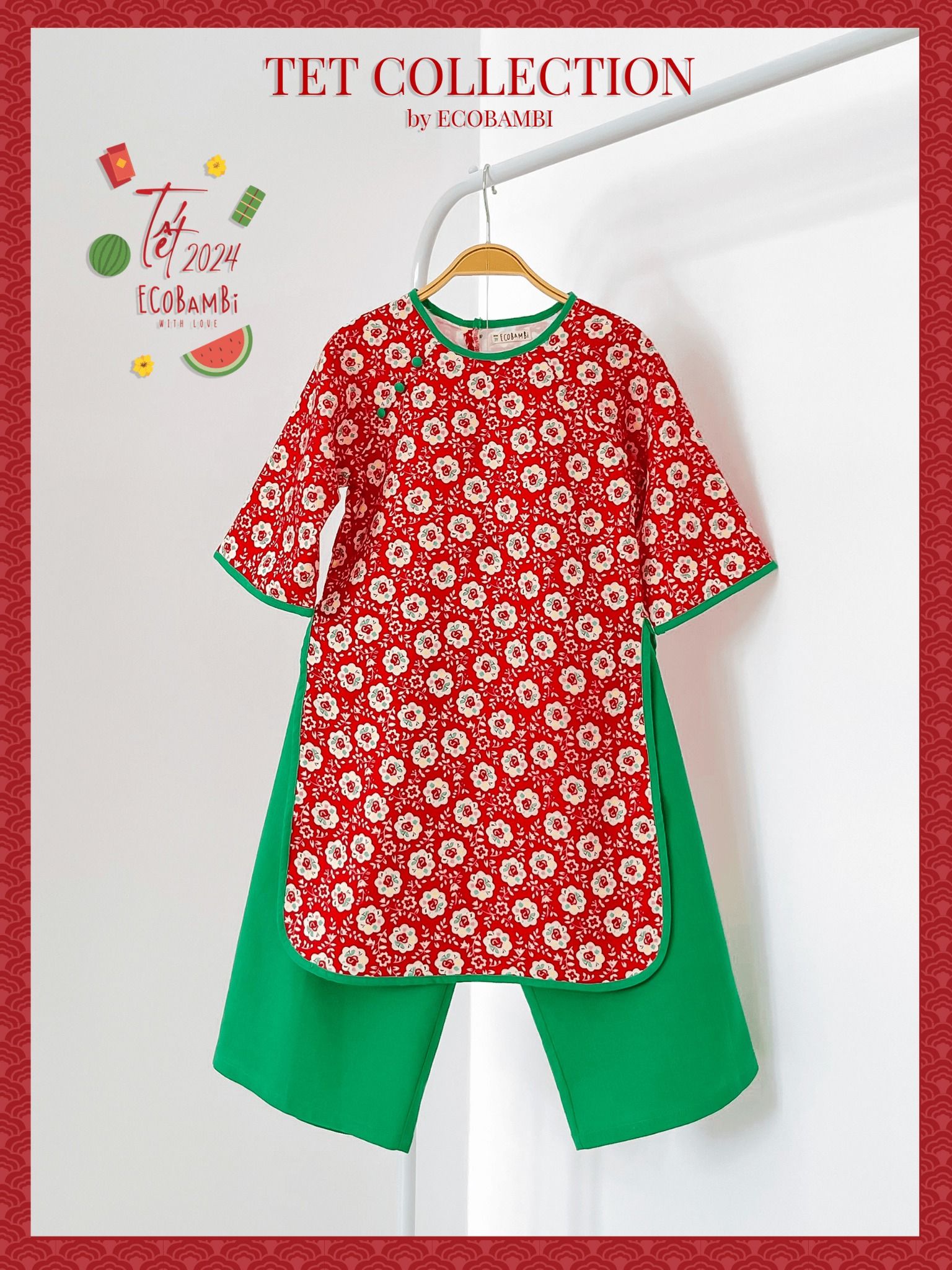 Set áo dài Tết cách tân, thiết kế mang đậm phong cách Vintage cao cấp dành cho bé gái chất liệu linen in hoạ tiết hoa nhí ECOBAMBI - 8935334000841