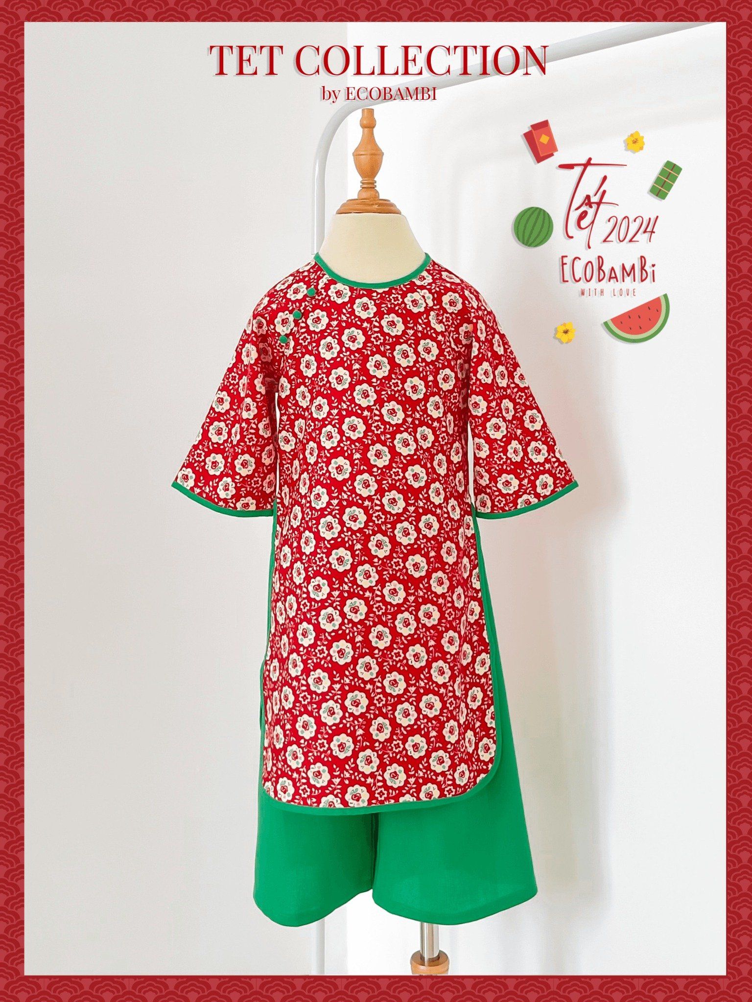 Set áo dài Tết cách tân, thiết kế mang đậm phong cách Vintage cao cấp dành cho bé gái chất liệu linen in hoạ tiết hoa nhí ECOBAMBI - 8935334000841