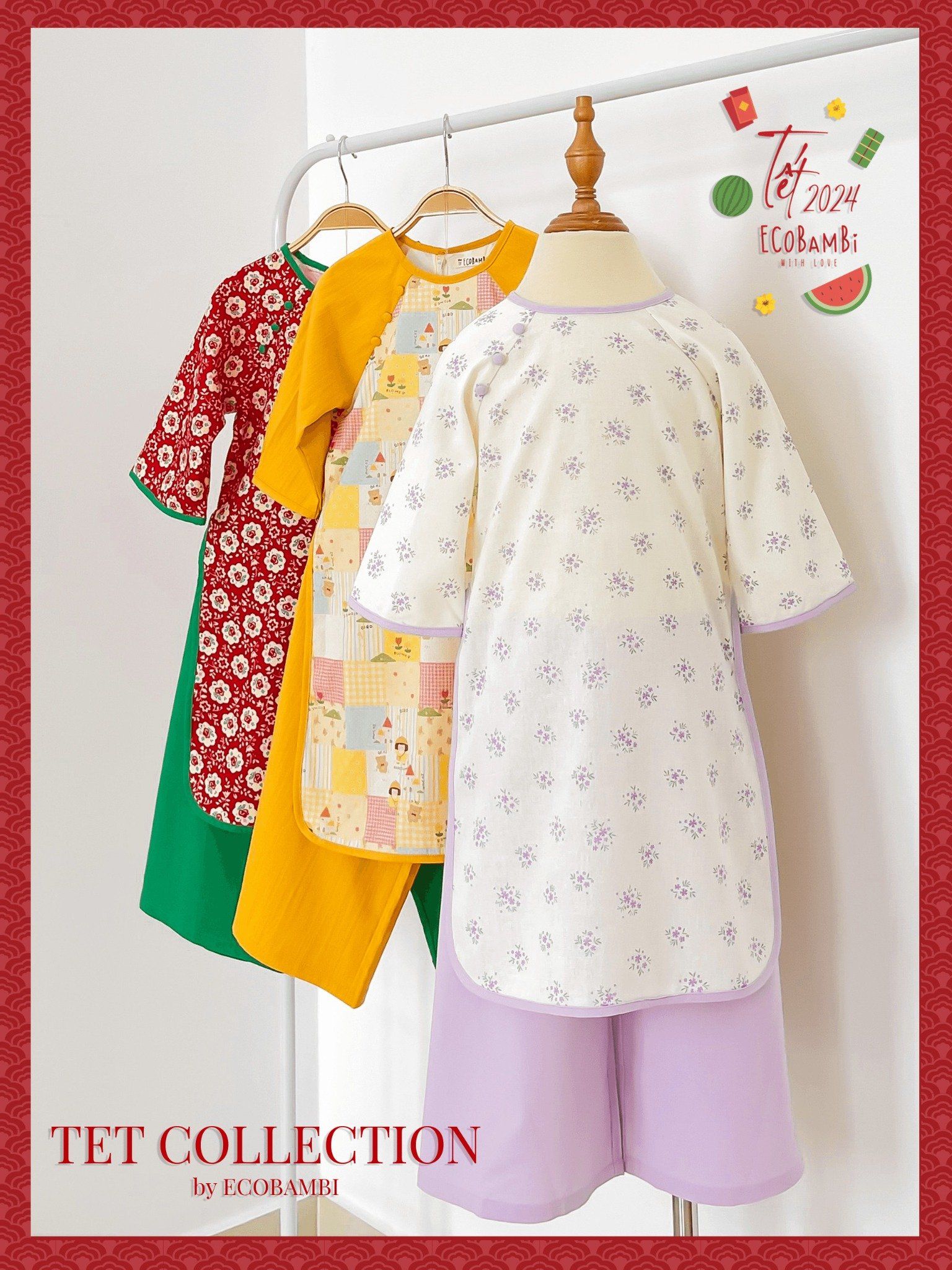 Set áo dài Tết cách tân, thiết kế mang đậm phong cách Vintage cao cấp dành cho bé gái chất liệu linen in hoạ tiết hoa nhí ECOBAMBI - 8935334000841