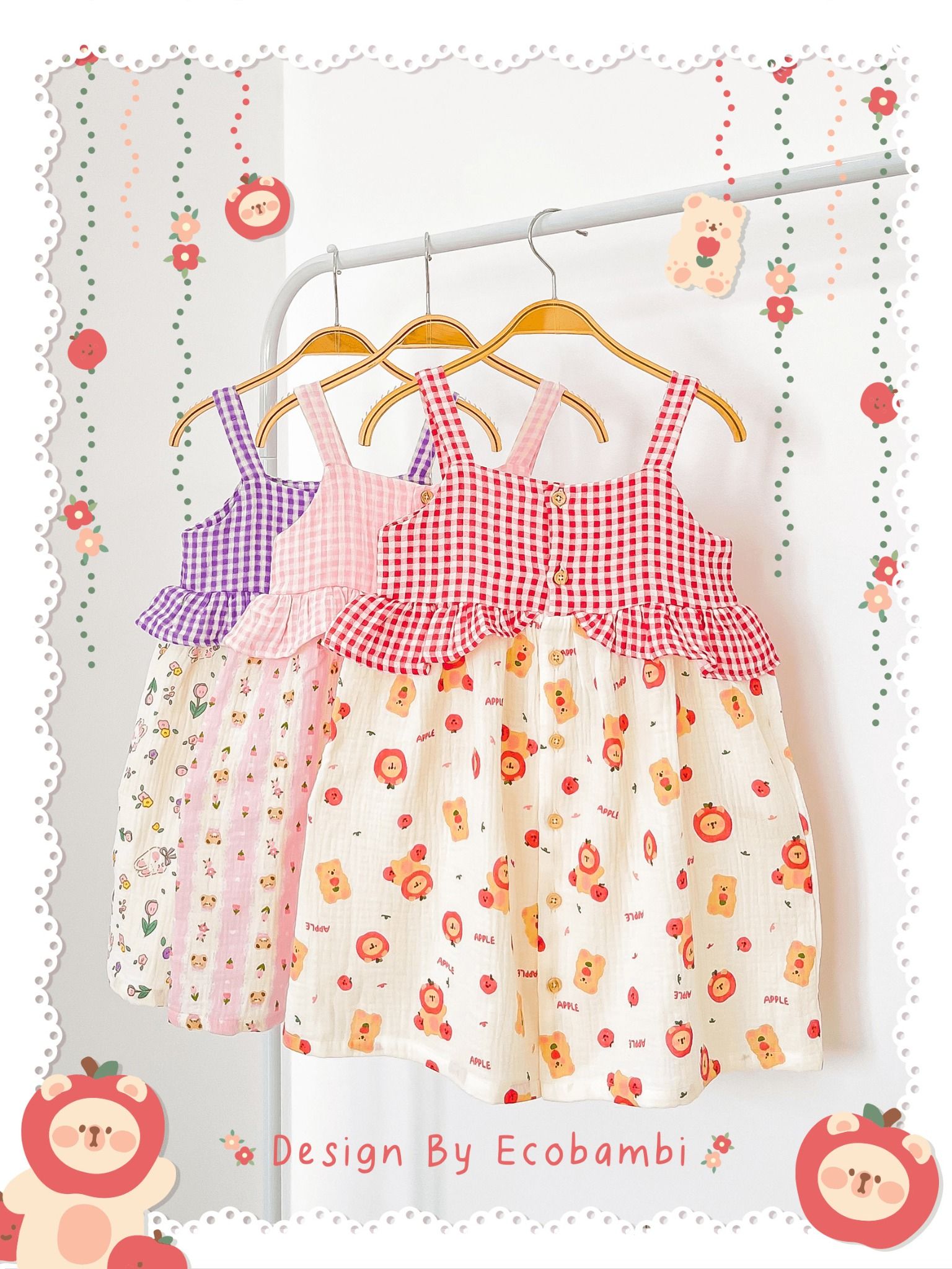 Đầm muslin 2 dây phối bèo caro bé gái ECOBAMBI - BB-23DAMBG060 - 8935334001435