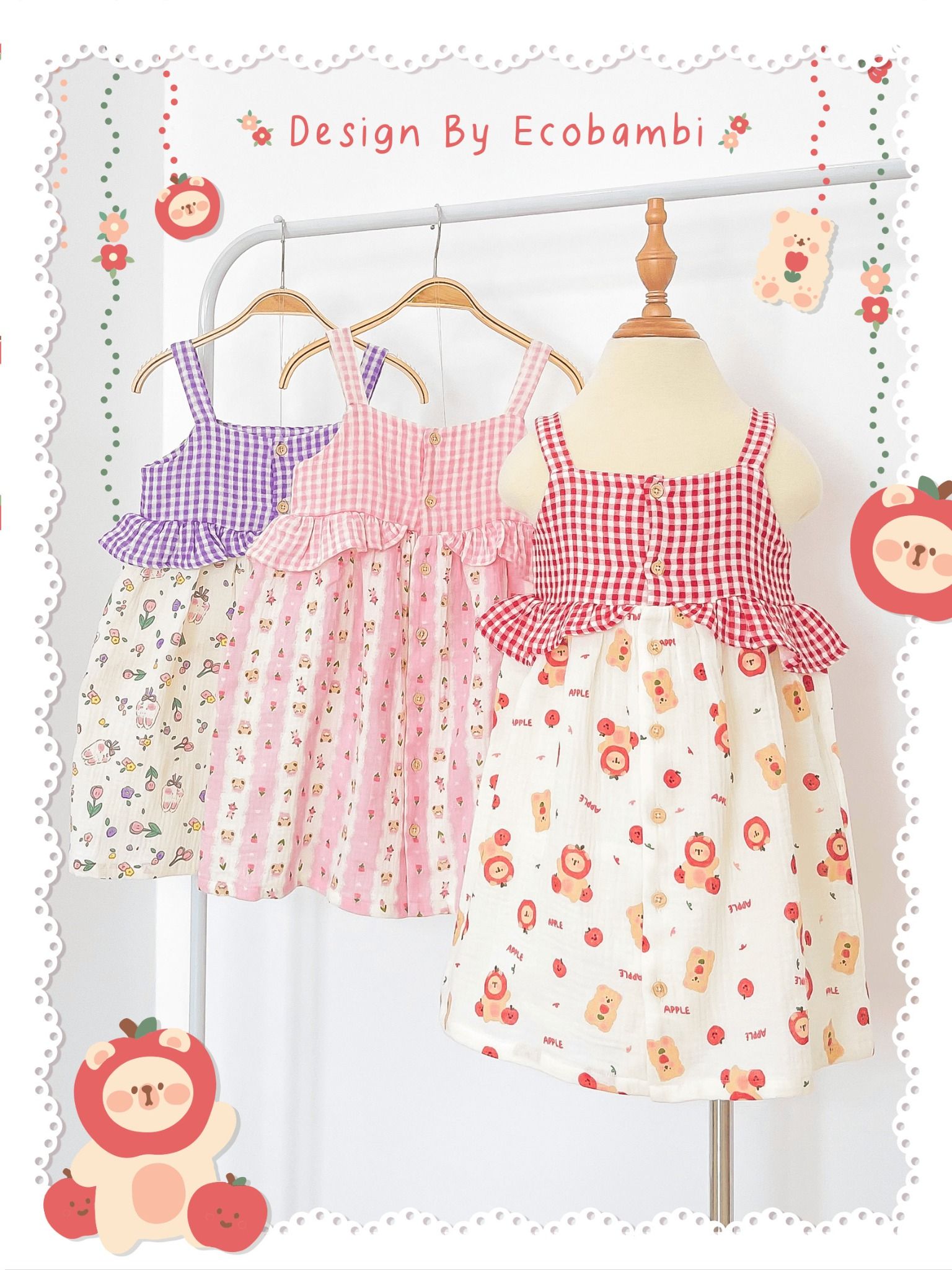 Đầm muslin 2 dây phối bèo caro bé gái ECOBAMBI - BB-23DAMBG060 - 8935334001435