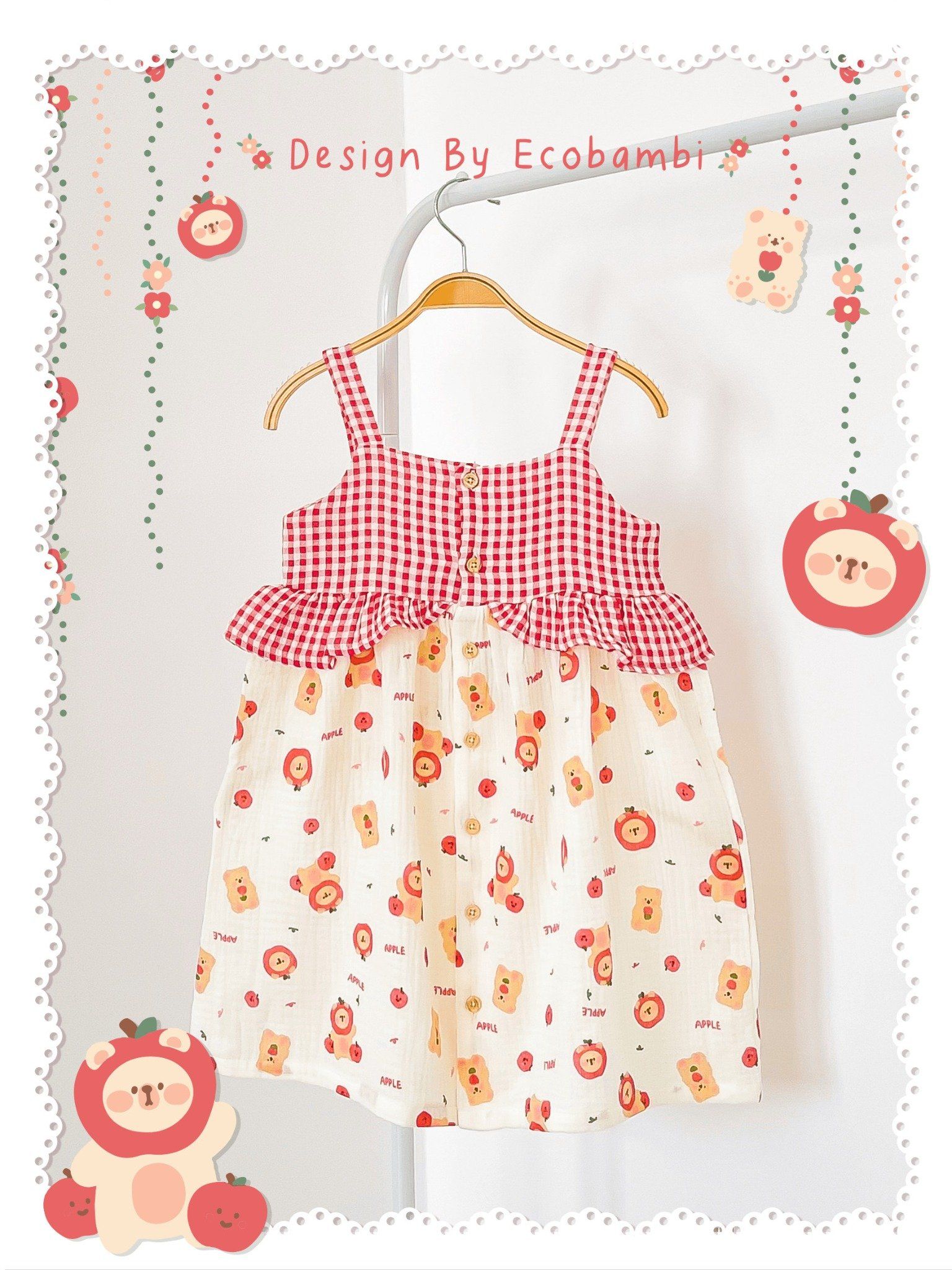 Đầm muslin 2 dây phối bèo caro bé gái ECOBAMBI - BB-23DAMBG060 - 8935334001435