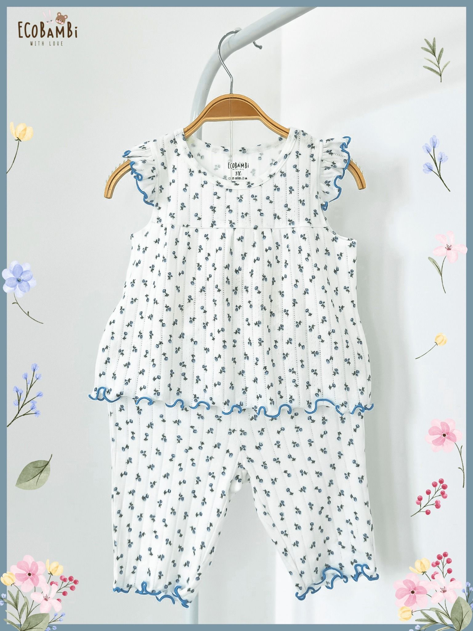 Bộ bé gái tay cánh tiên, quần lửng pointelle hoa nhí - BB-23BOBG022 - ECOBAMBI
