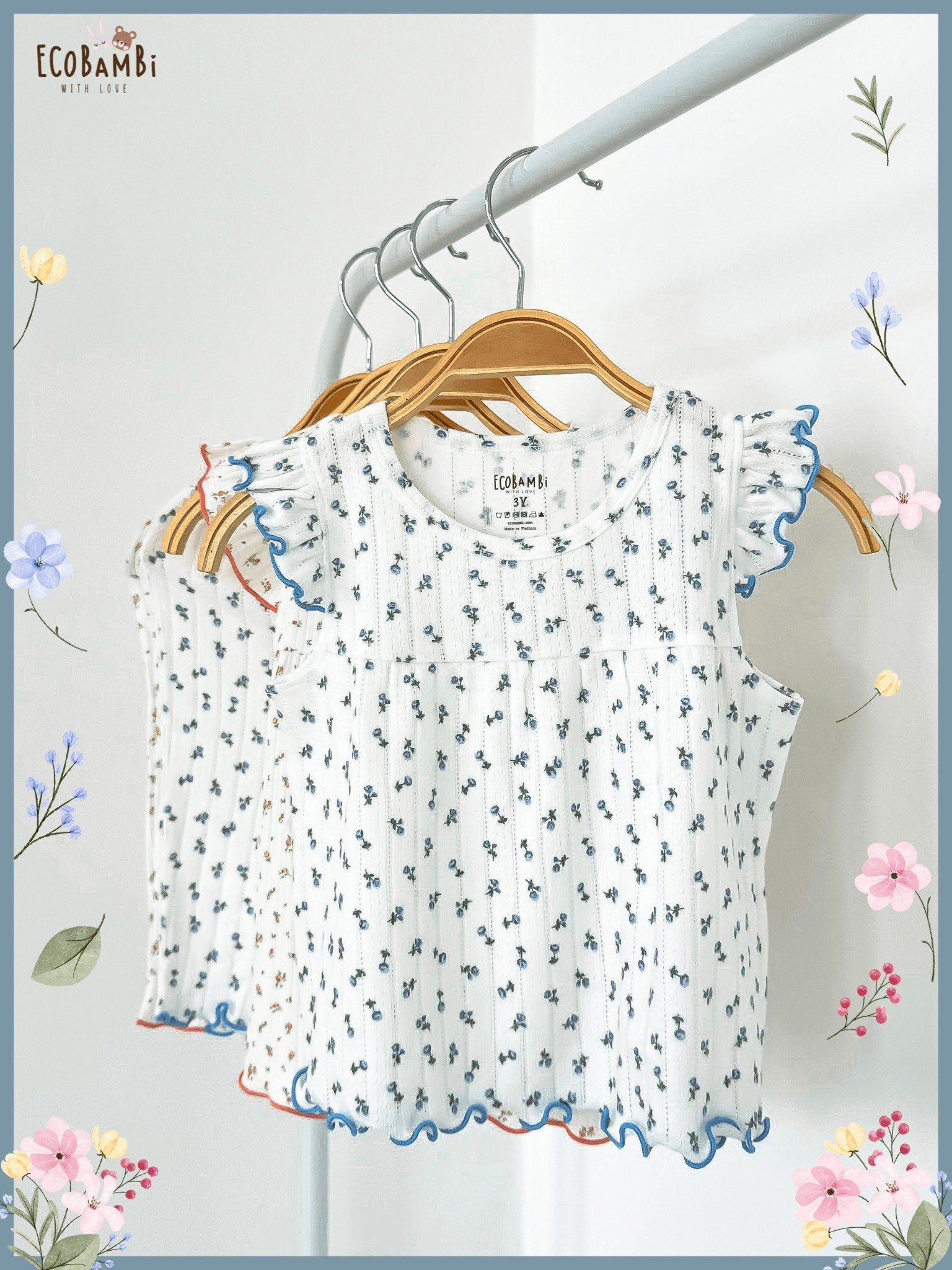 Bộ bé gái tay cánh tiên, quần lửng pointelle hoa nhí - BB-23BOBG022 - ECOBAMBI