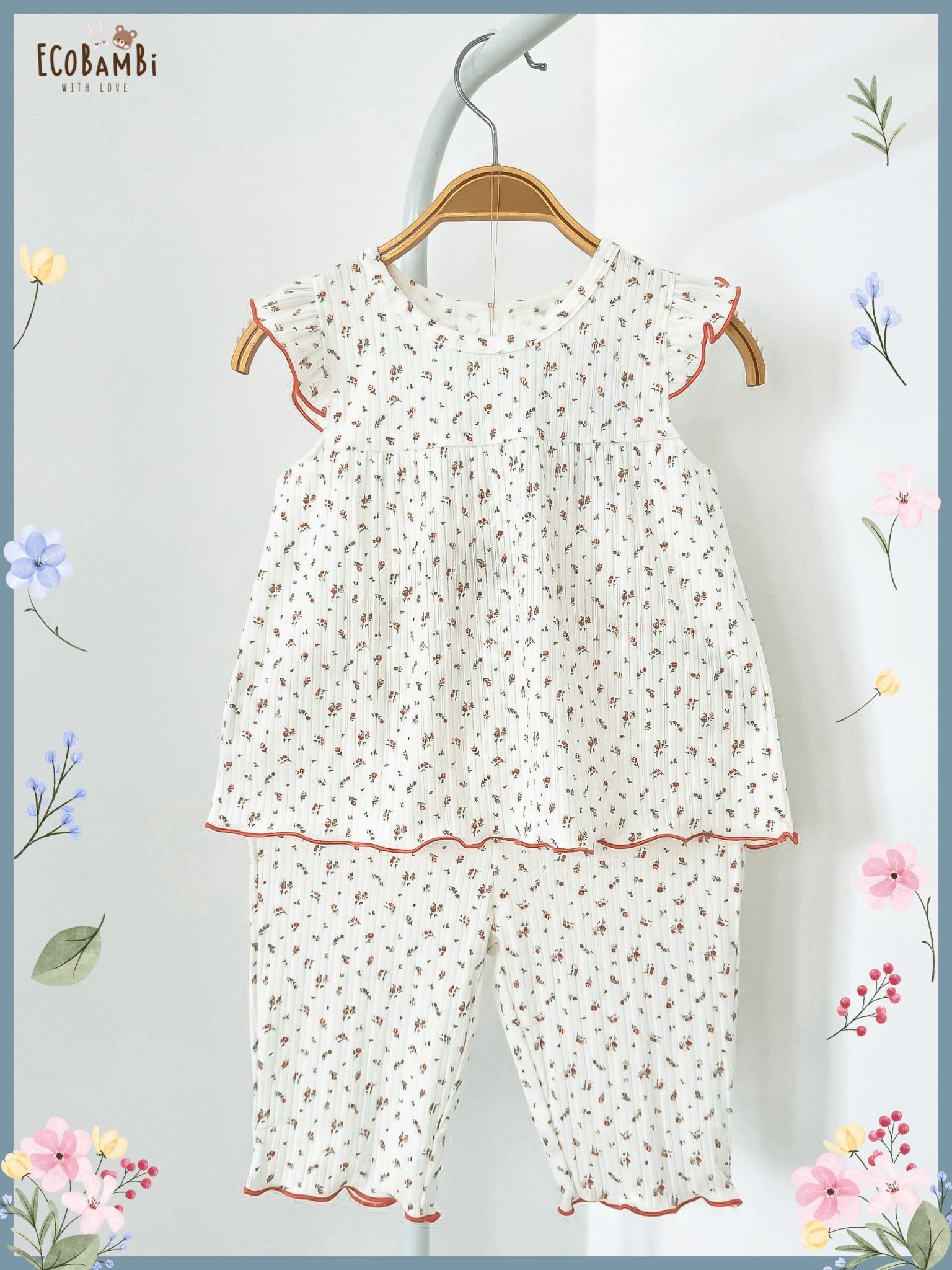 Bộ bé gái tay cánh tiên, quần lửng pointelle hoa nhí - BB-23BOBG022 - ECOBAMBI