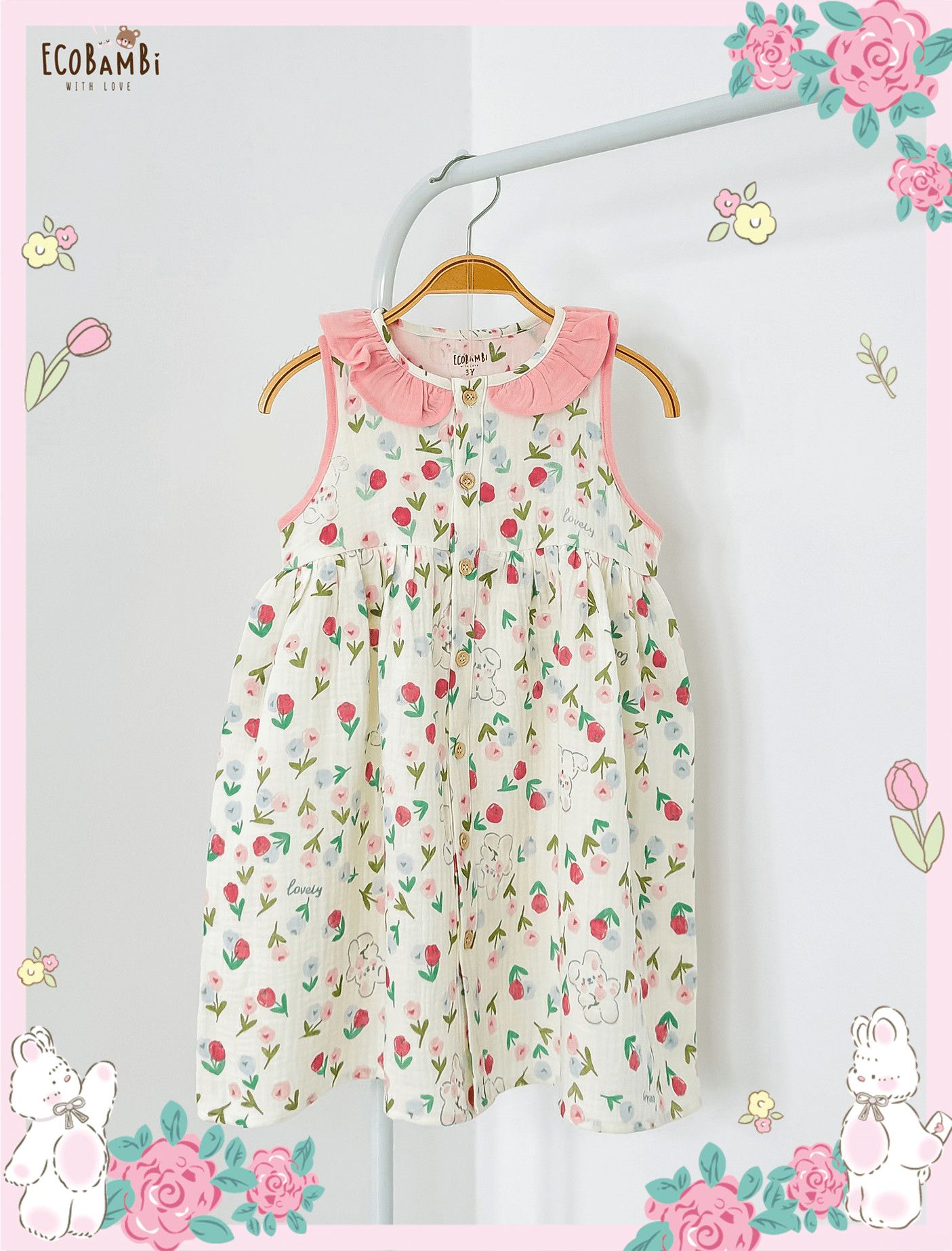 Đầm muslin sát nách phối cổ bèo bé gái ECOBAMBI - BB-23DAMBG057 - 8935334001398
