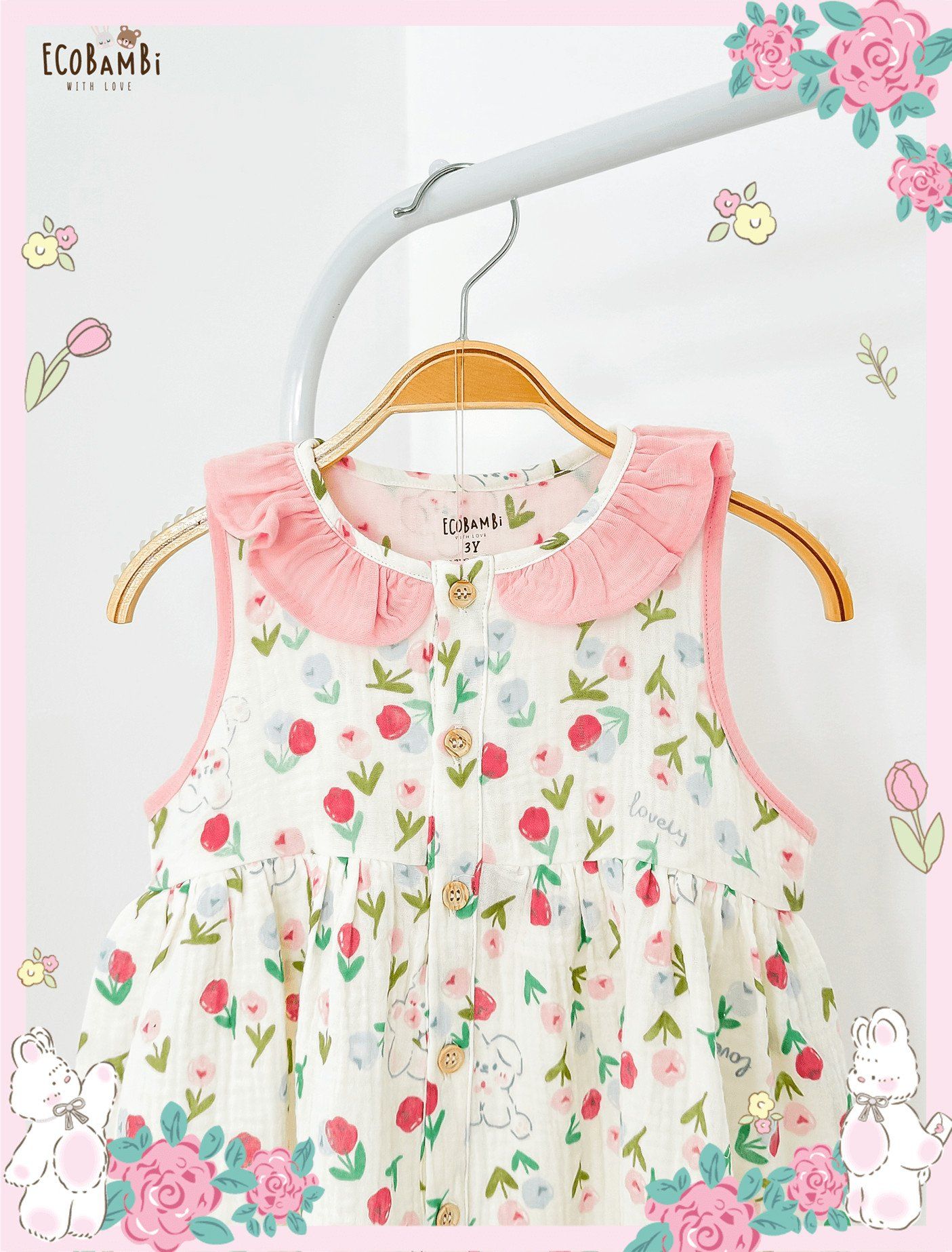 Đầm muslin sát nách phối cổ bèo bé gái ECOBAMBI - BB-23DAMBG057 - 8935334001398