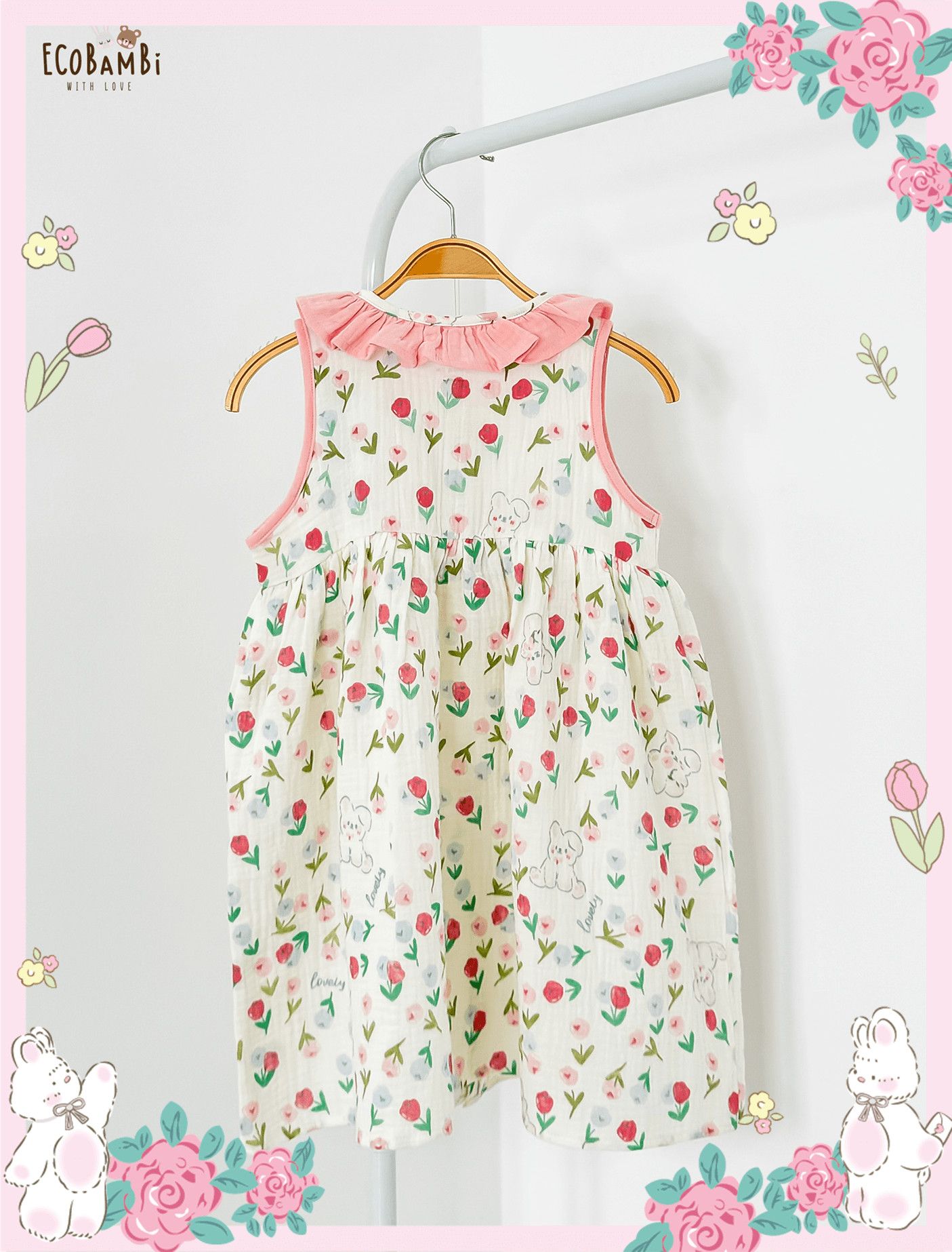 Đầm muslin sát nách phối cổ bèo bé gái ECOBAMBI - BB-23DAMBG057 - 8935334001398