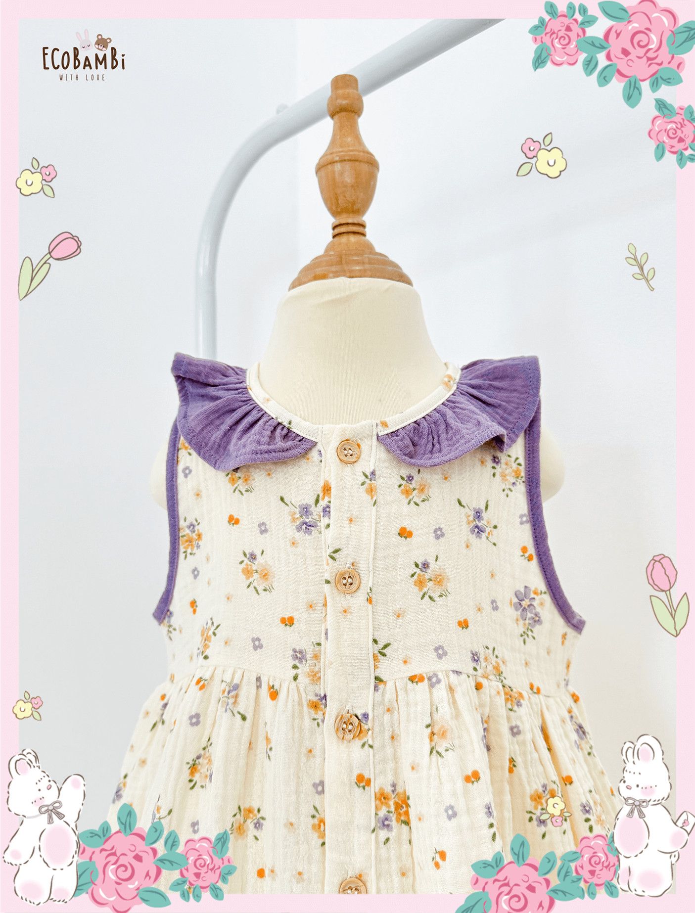 Đầm muslin sát nách phối cổ bèo bé gái ECOBAMBI - BB-23DAMBG057 - 8935334001398