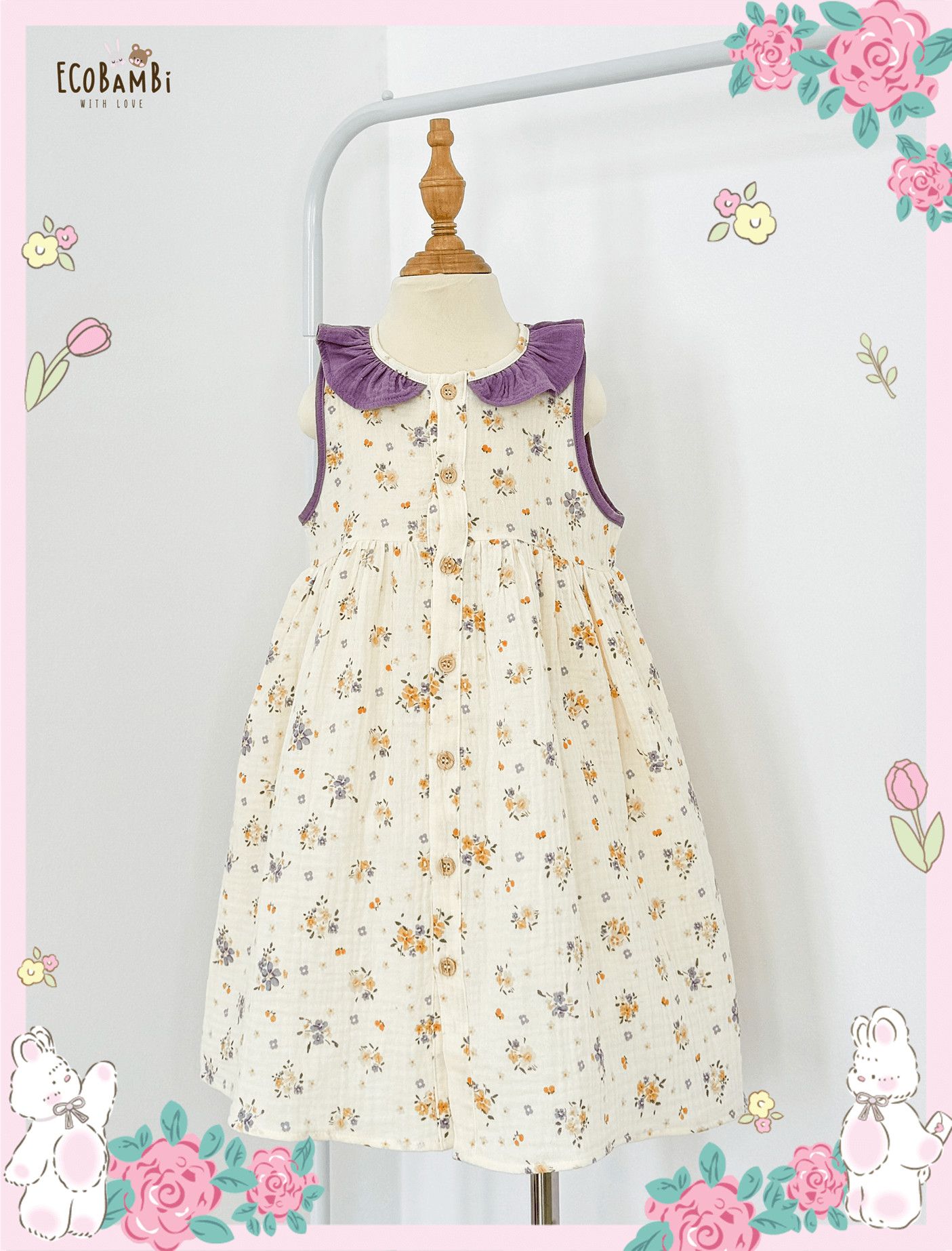 Đầm muslin sát nách phối cổ bèo bé gái ECOBAMBI - BB-23DAMBG057 - 8935334001398