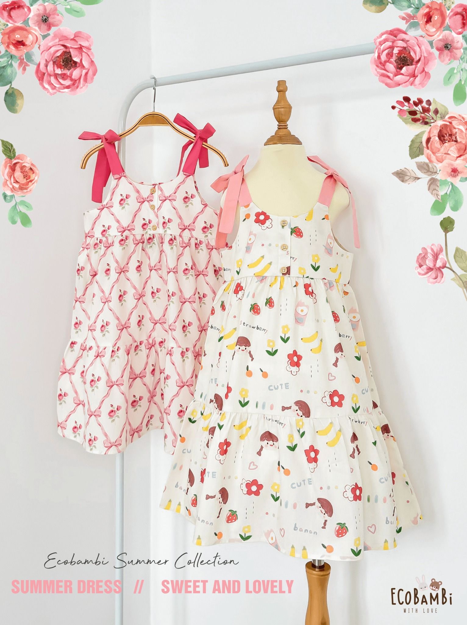 Đầm cotton thô 3 tầng thắt nơ vai bé gái ECOBAMBI - BB-24DAMBG023 - 8935334001671