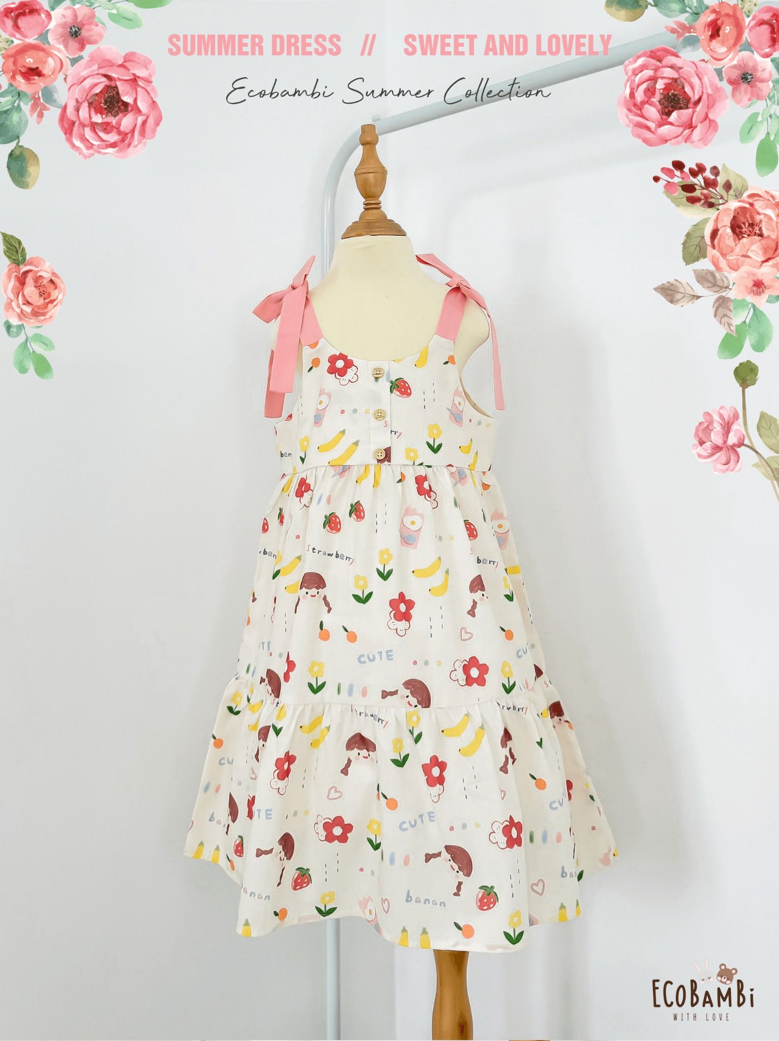 Đầm cotton thô 3 tầng thắt nơ vai bé gái ECOBAMBI - BB-24DAMBG023 - 8935334001671
