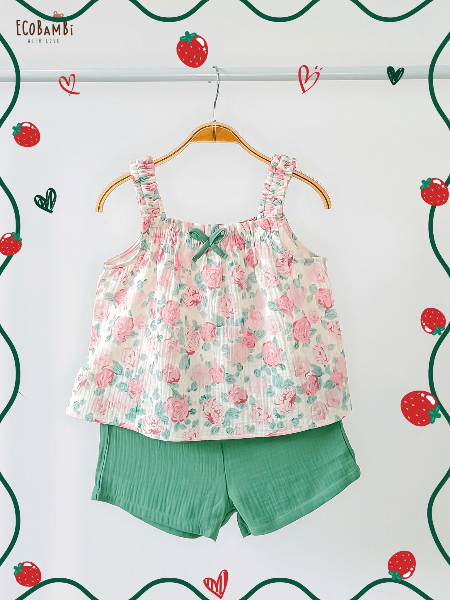 Bộ muslin 2 dây dún vai BÉ GÁI ECOBAMBI - BB-24BOBG011 - 8935334001473