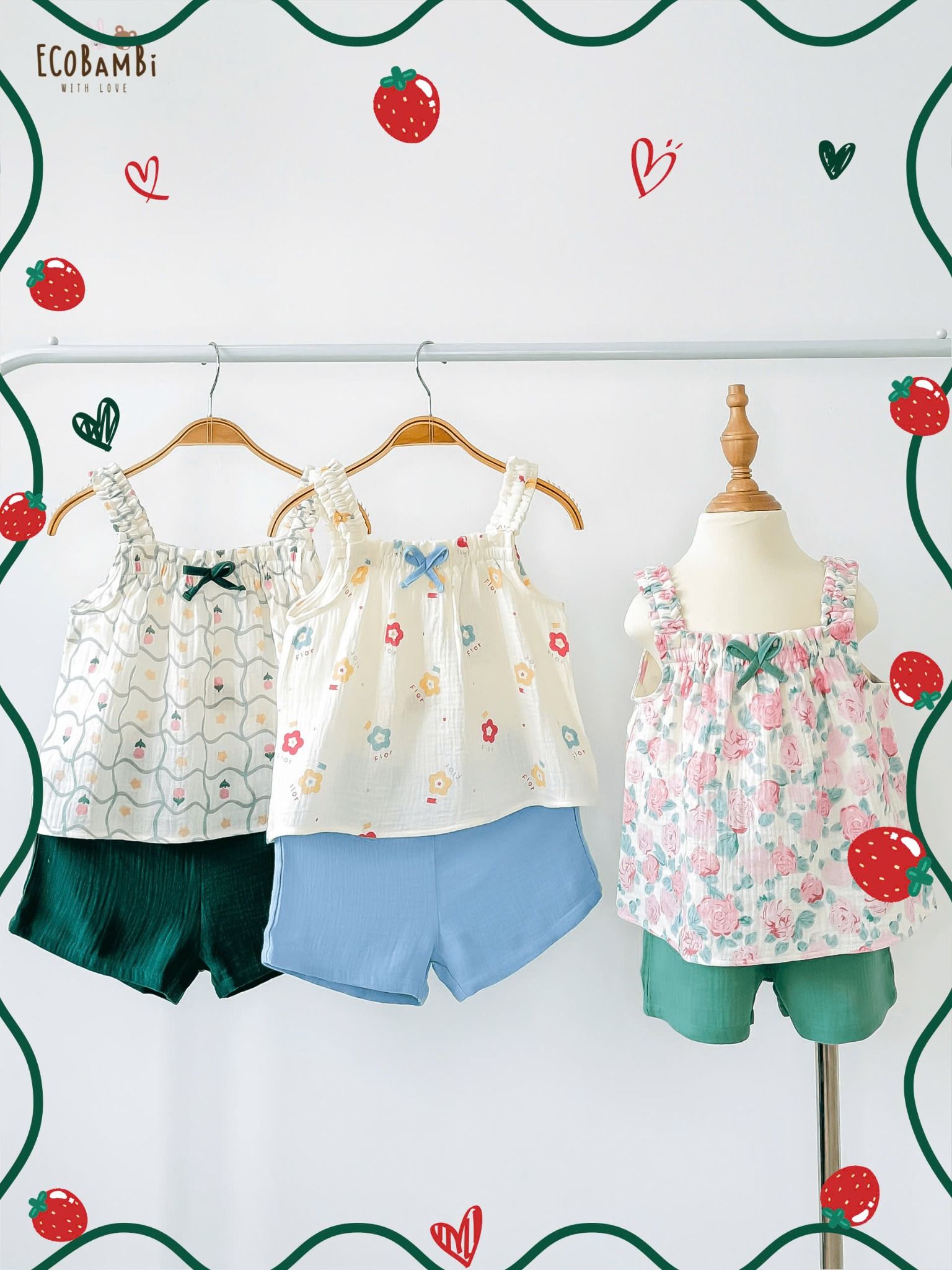 Bộ muslin 2 dây dún vai BÉ GÁI ECOBAMBI - BB-24BOBG011 - 8935334001473