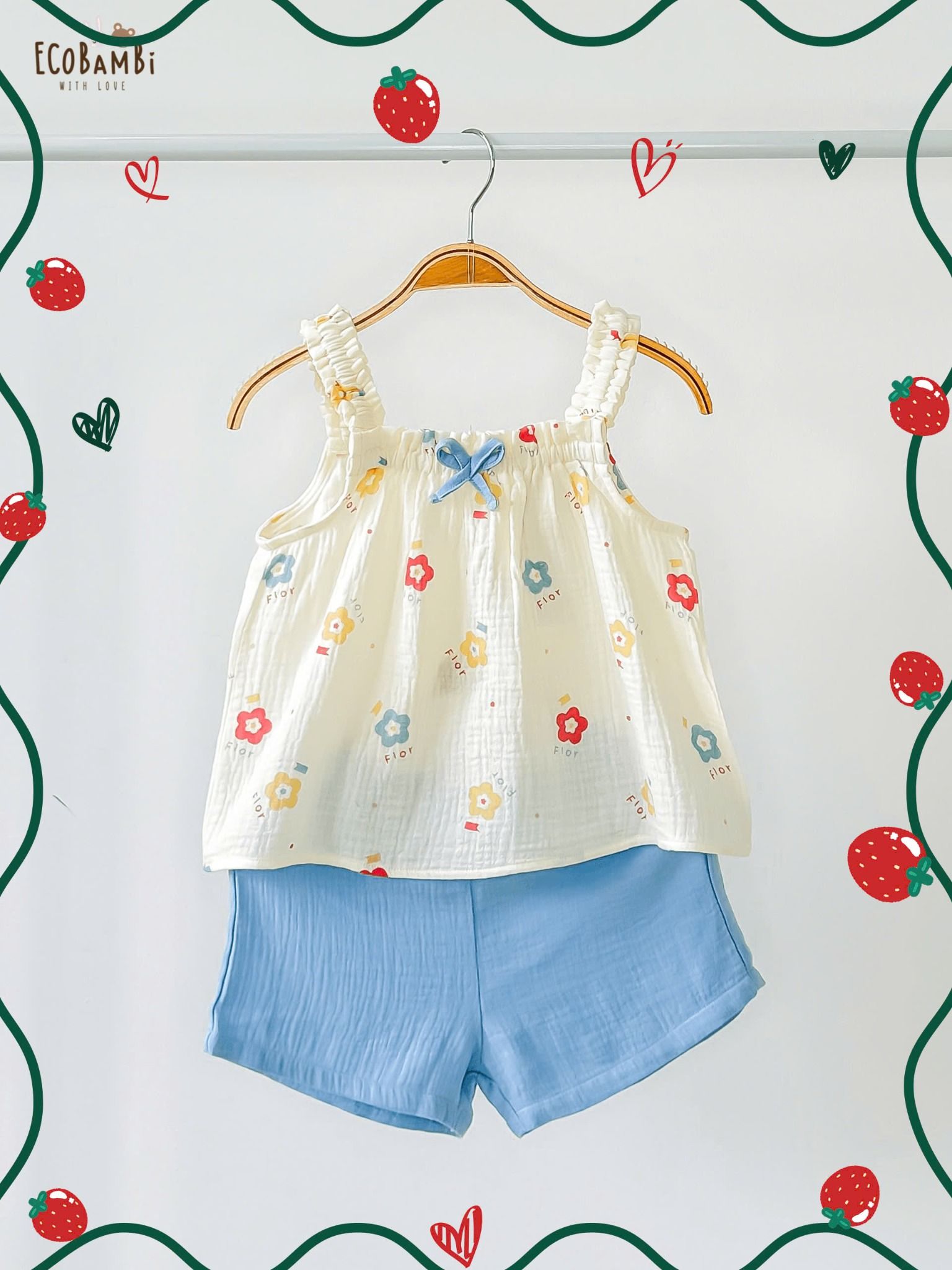 Bộ muslin 2 dây dún vai BÉ GÁI ECOBAMBI - BB-24BOBG011 - 8935334001473
