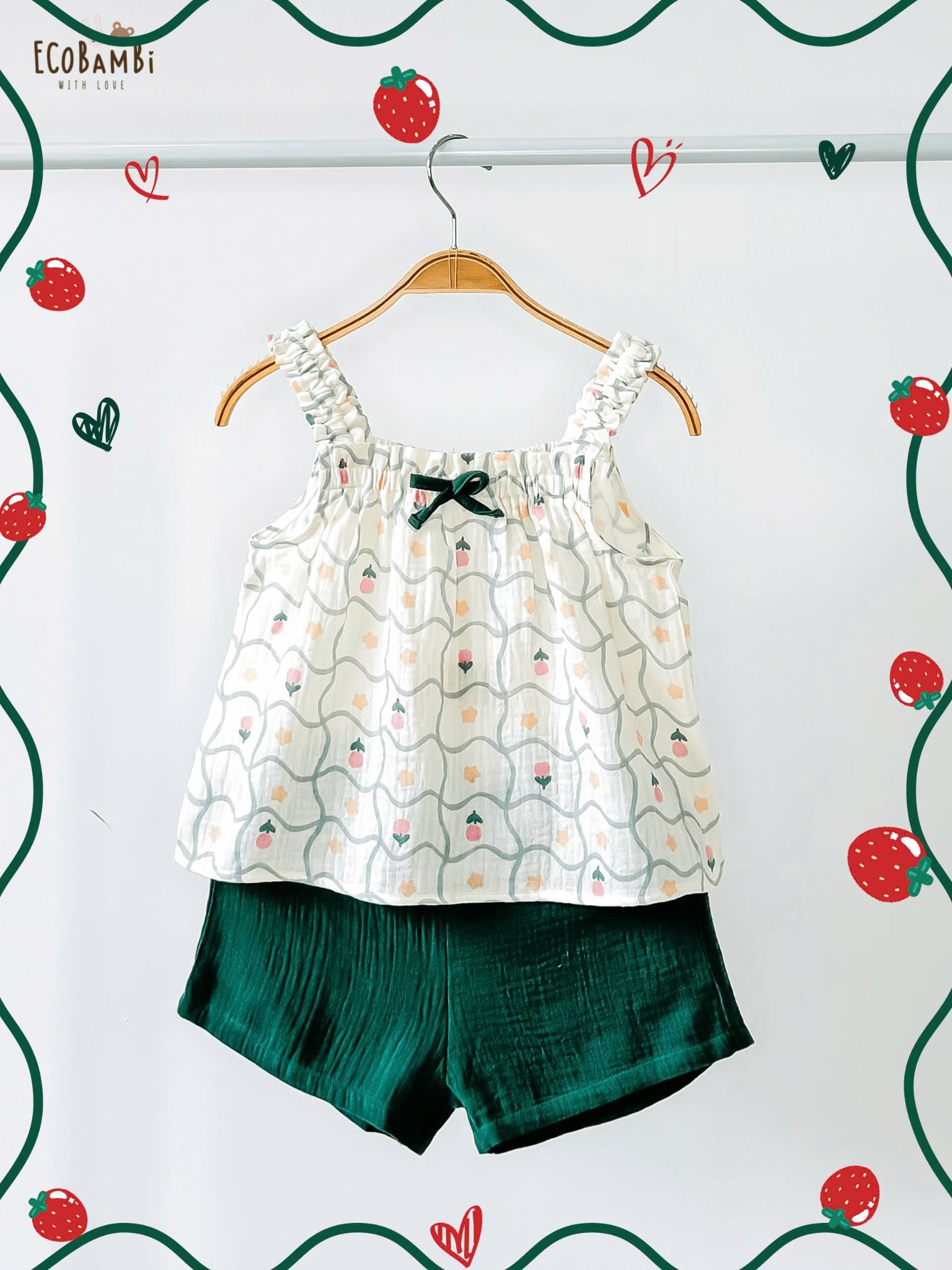Bộ muslin 2 dây dún vai BÉ GÁI ECOBAMBI - BB-24BOBG011 - 8935334001473