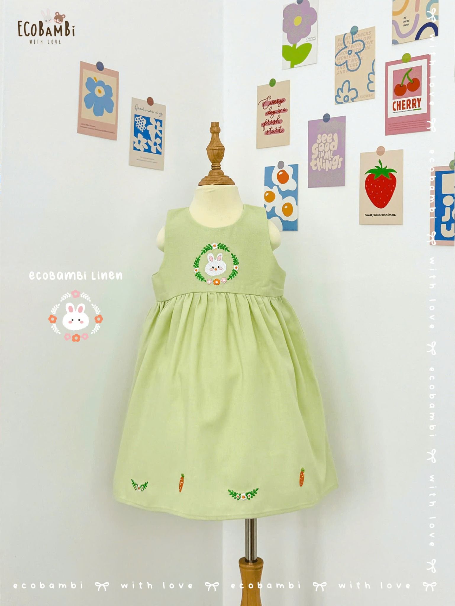 Đầm linen sát nách, khoét lưng thêu thỏ hoa bé gái - BB-24DAMBG025 - 8935334001657
