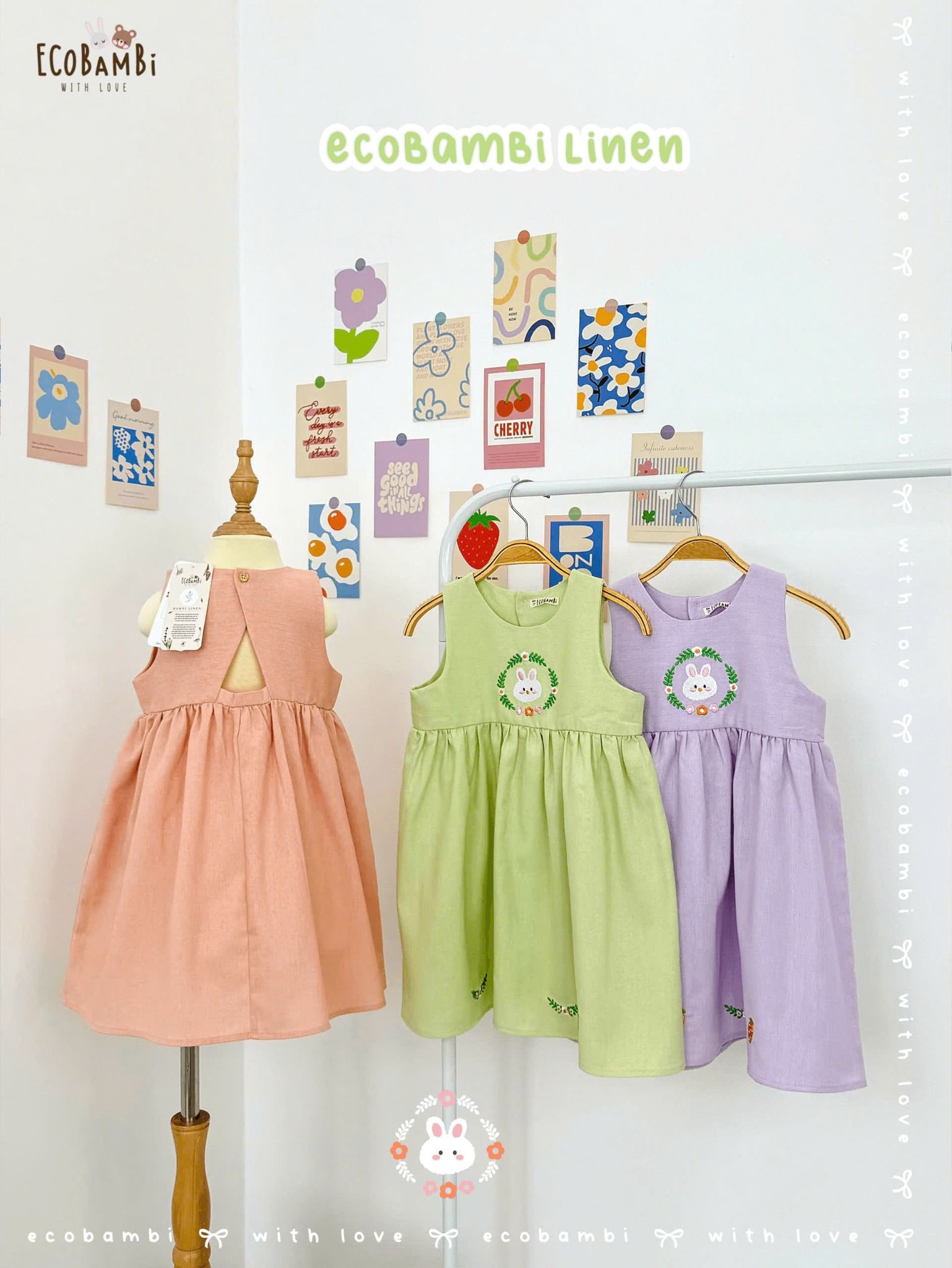 Đầm linen sát nách, khoét lưng thêu thỏ hoa bé gái - BB-24DAMBG025 - 8935334001657