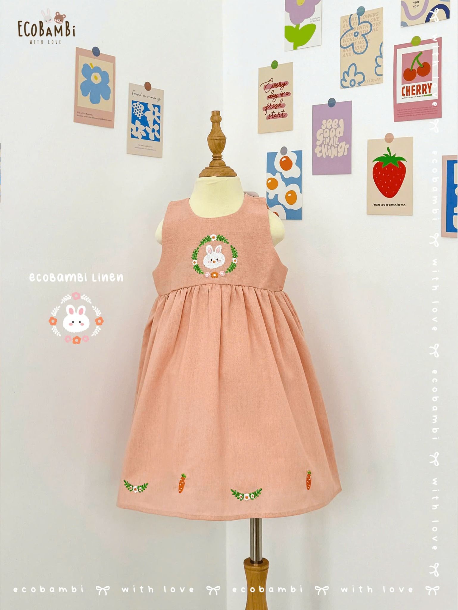 Đầm linen sát nách, khoét lưng thêu thỏ hoa bé gái - BB-24DAMBG025 - 8935334001657