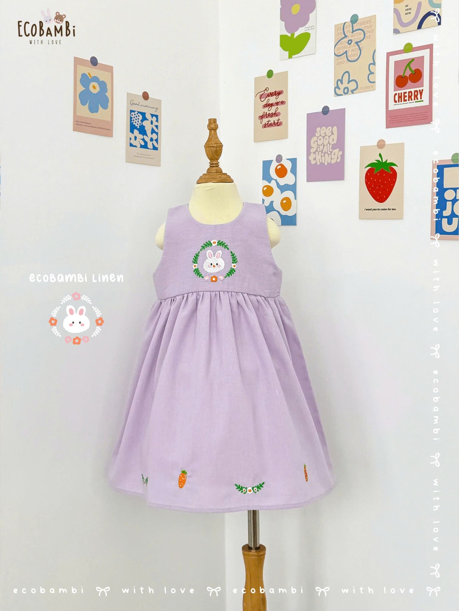 Đầm linen sát nách, khoét lưng thêu thỏ hoa bé gái - BB-24DAMBG025 - 8935334001657