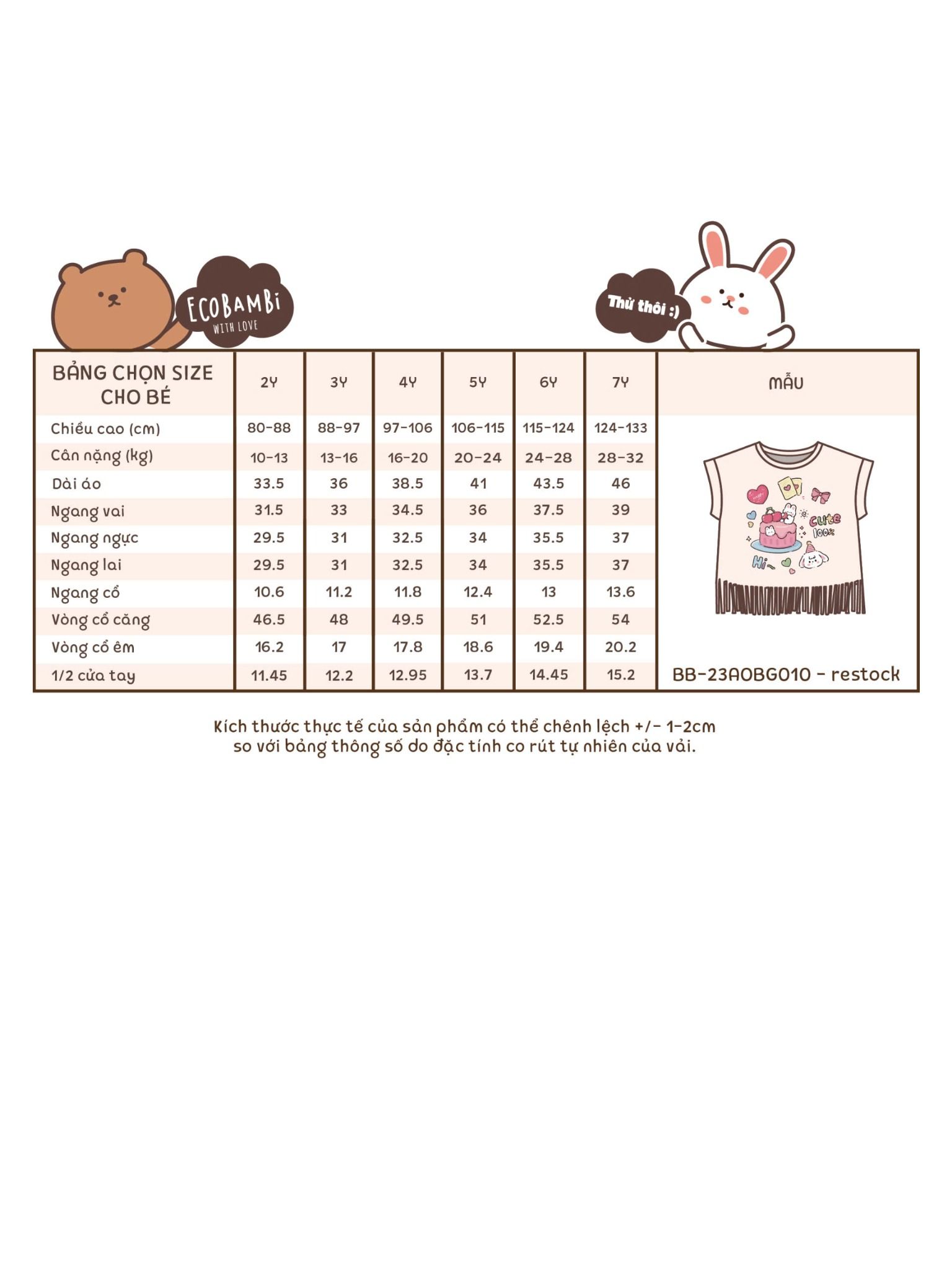 Áo thun croptop tua rua bé gái ECOBAMBI - 1008 - BB-23AOBG010