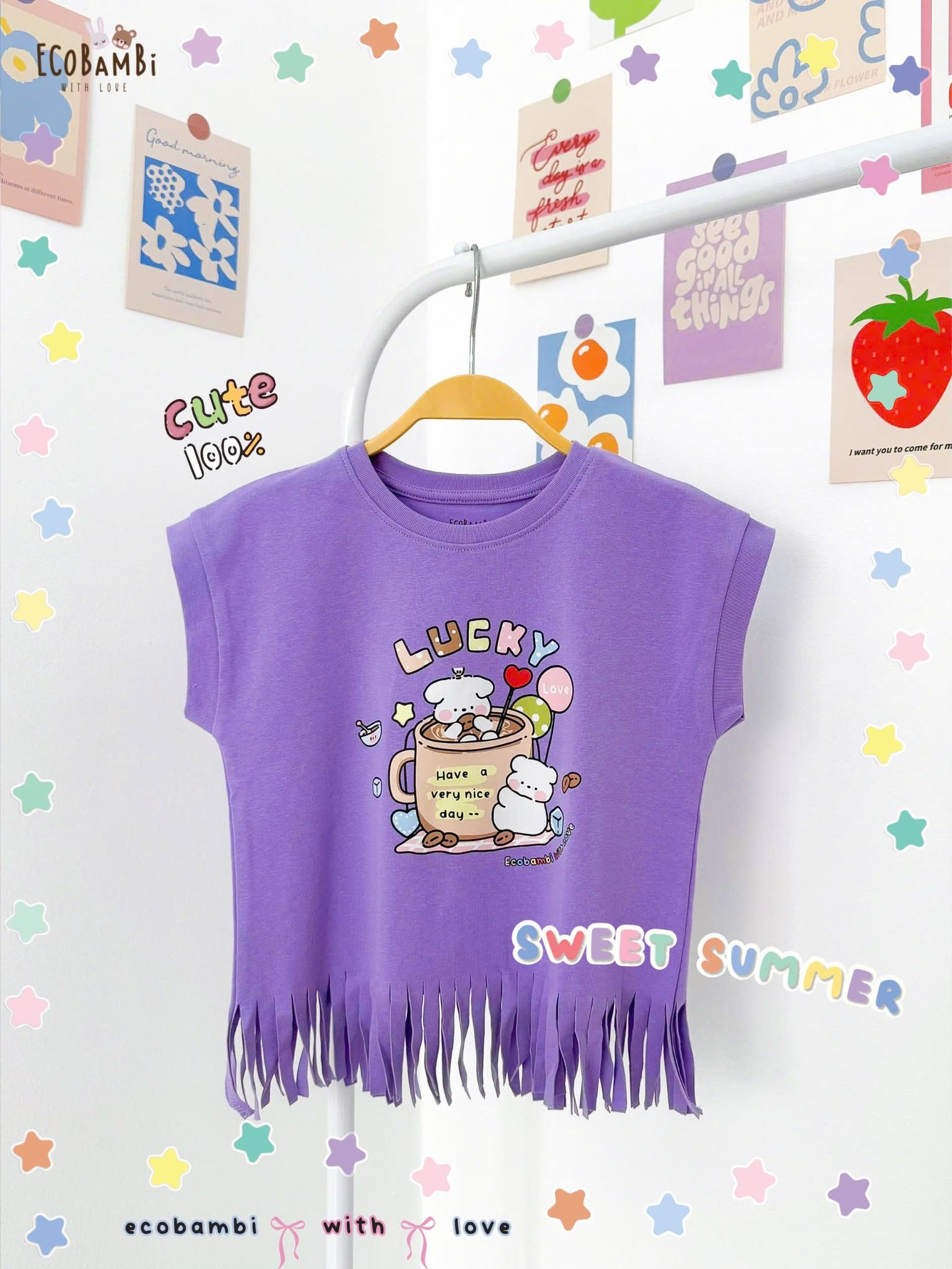 Áo thun croptop tua rua bé gái ECOBAMBI - 1008 - BB-23AOBG010