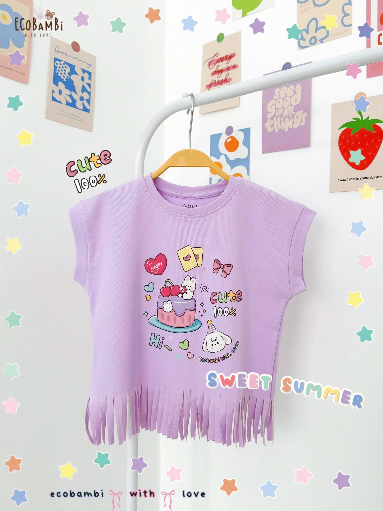 Áo thun croptop tua rua bé gái ECOBAMBI - 1008 - BB-23AOBG010