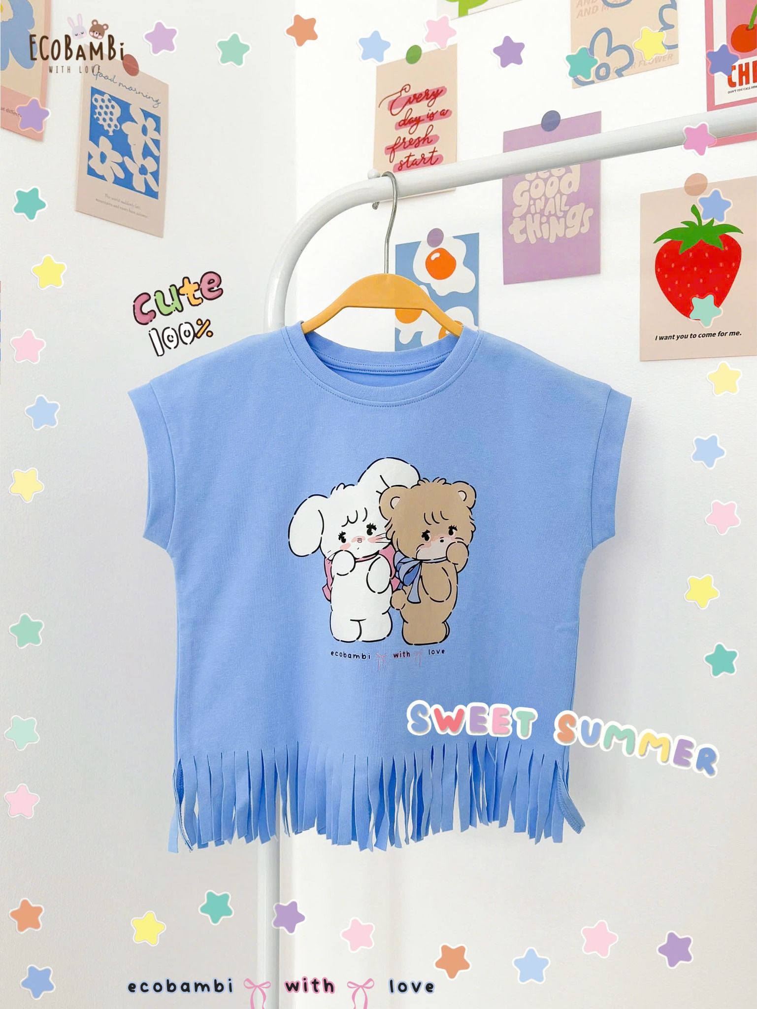 Áo thun croptop tua rua bé gái ECOBAMBI - 1008 - BB-23AOBG010