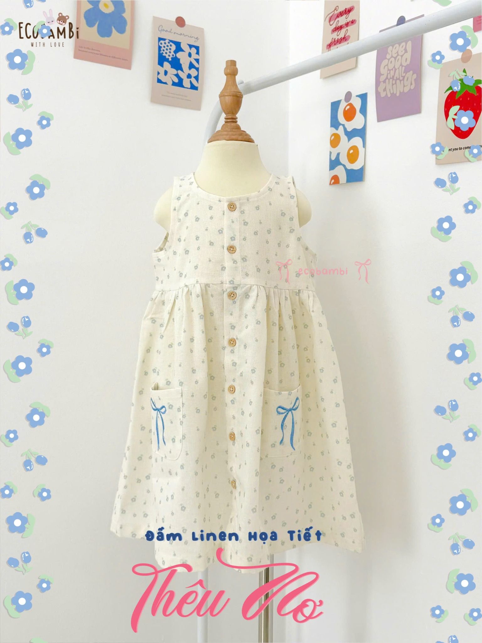 Đầm linen họa tiết sát nách có túi bé gái - 8935334001909