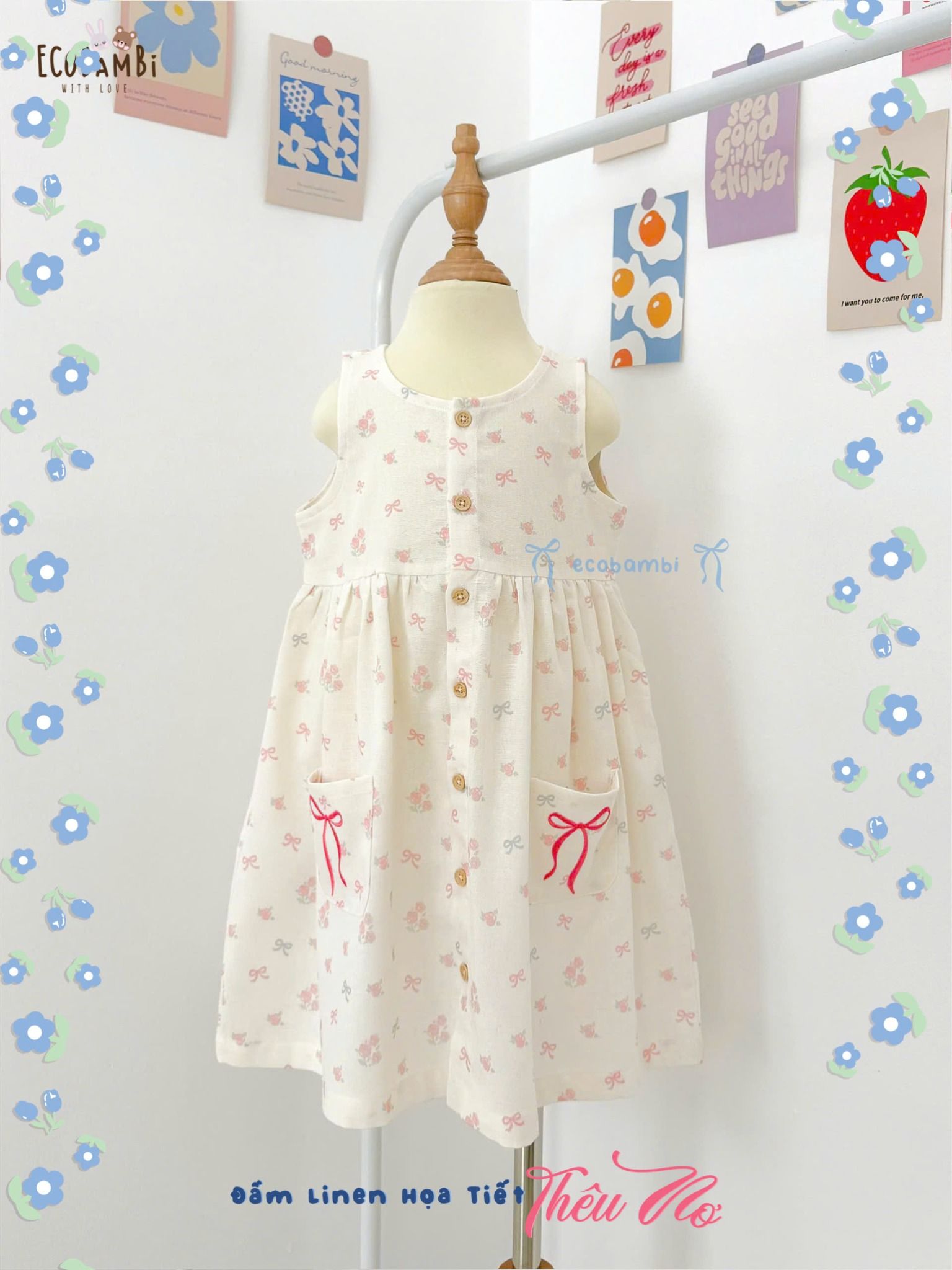 Đầm linen họa tiết sát nách có túi bé gái - 8935334001909
