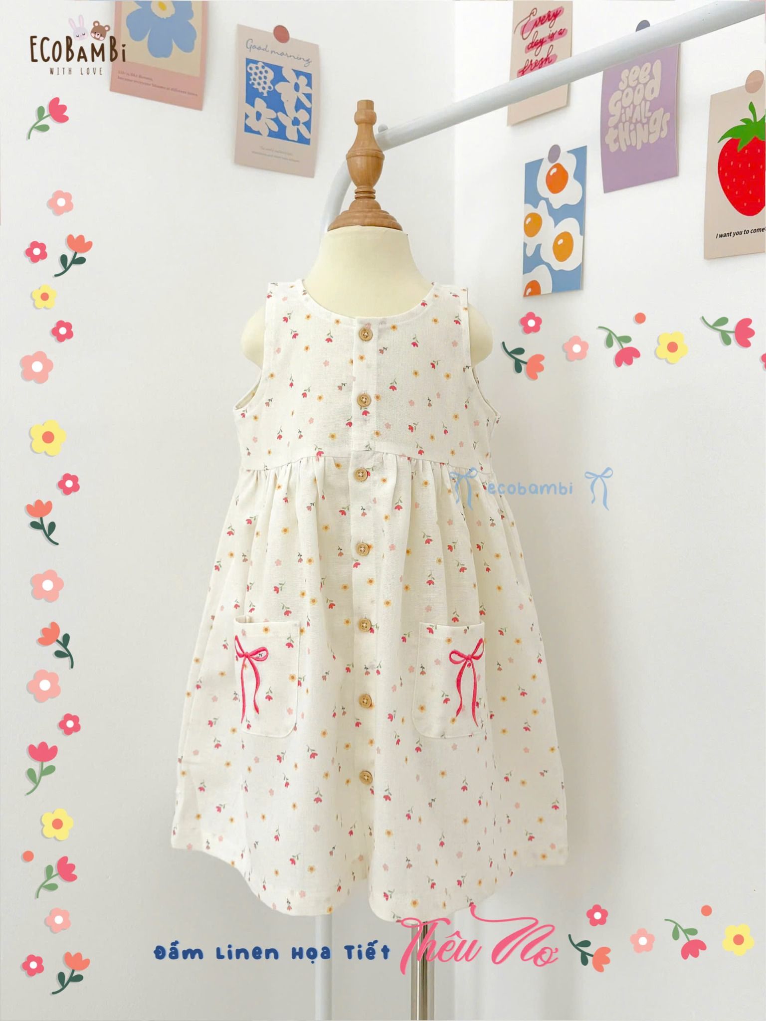 Đầm linen họa tiết sát nách có túi bé gái - 8935334001909