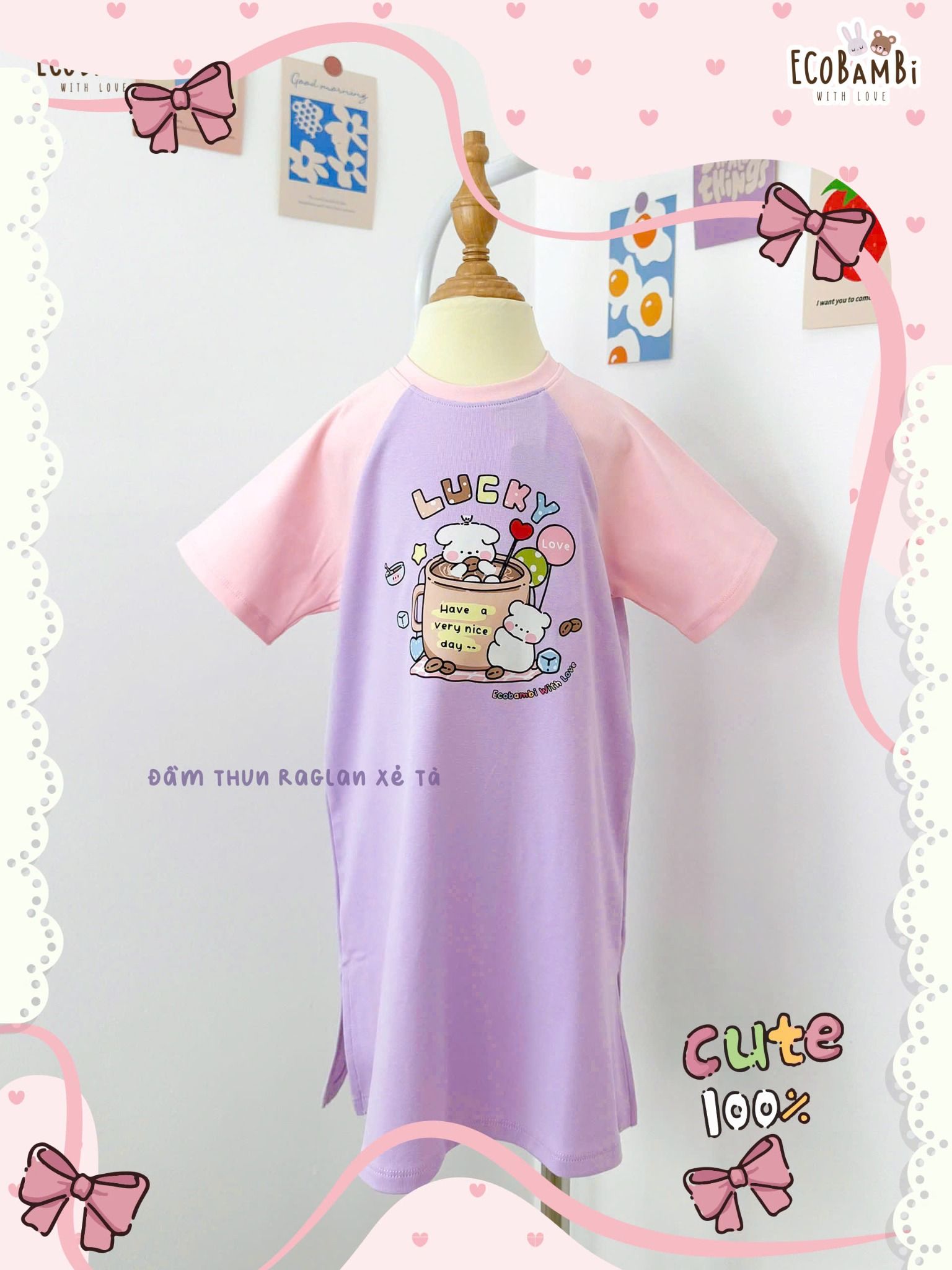 Đầm thun raglan dáng suông form thoải mái bé gái ECOBAMBI - 8935334001893