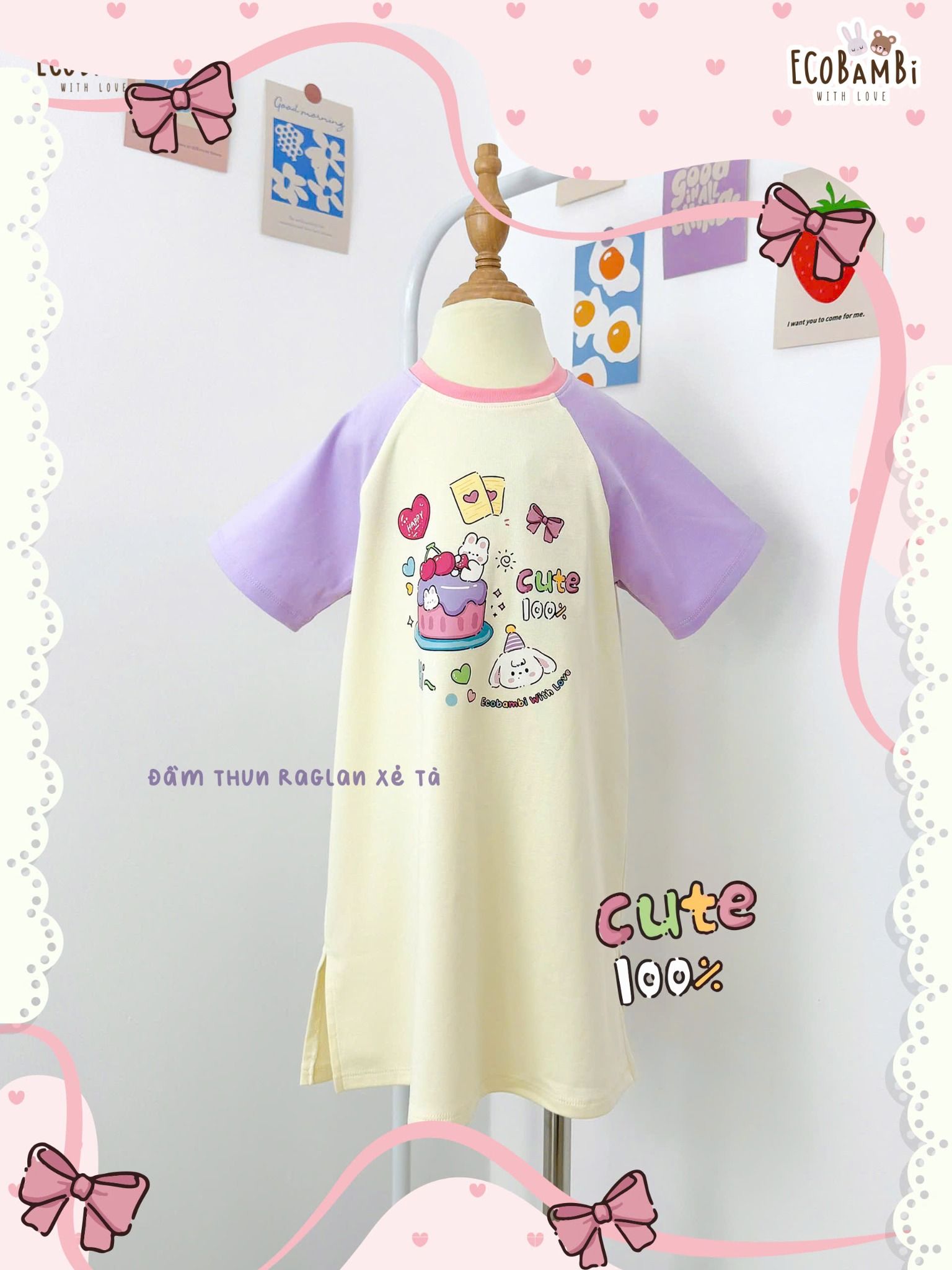 Đầm thun raglan dáng suông form thoải mái bé gái ECOBAMBI - 8935334001893