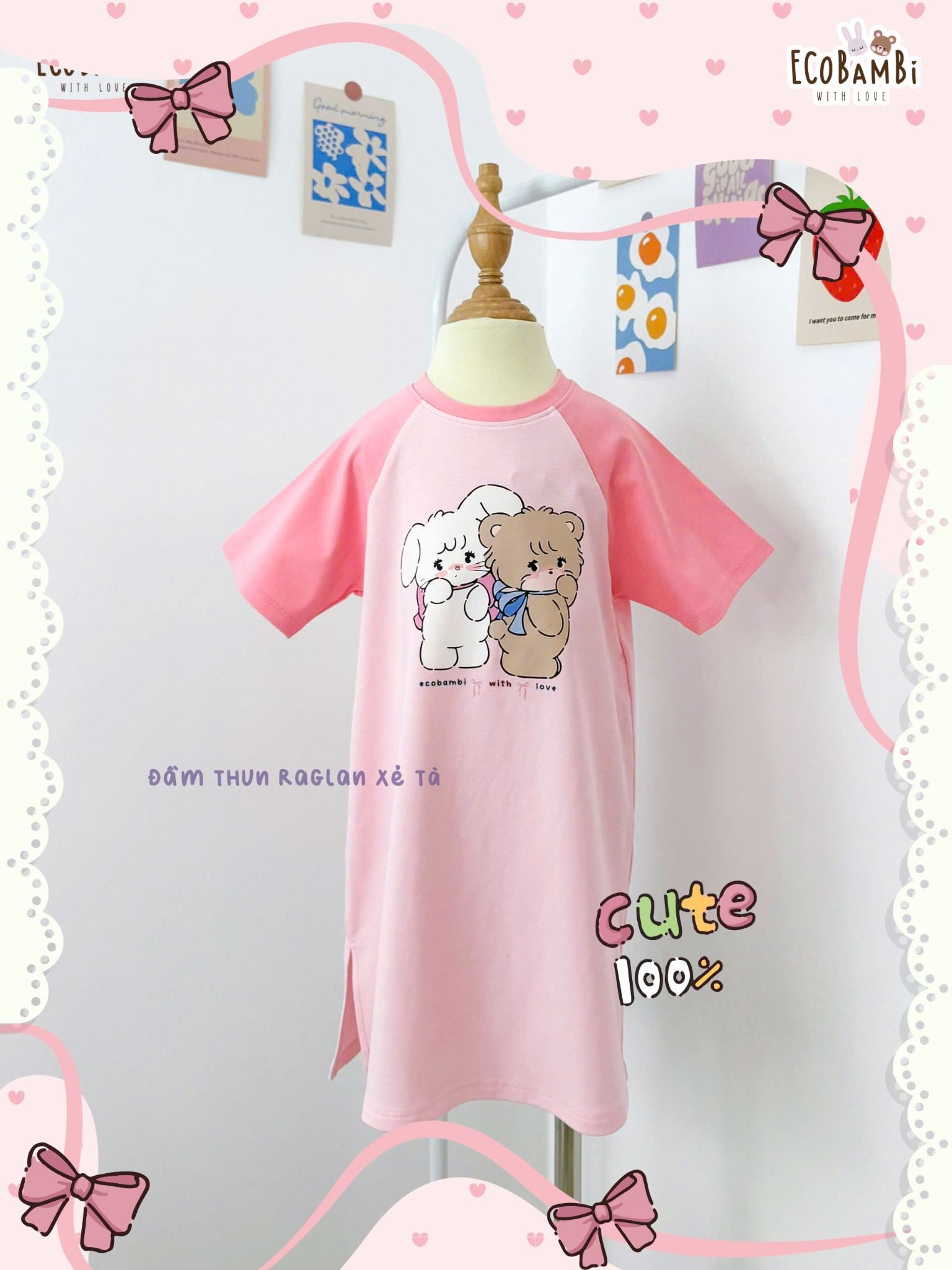Đầm thun raglan dáng suông form thoải mái bé gái ECOBAMBI - 8935334001893