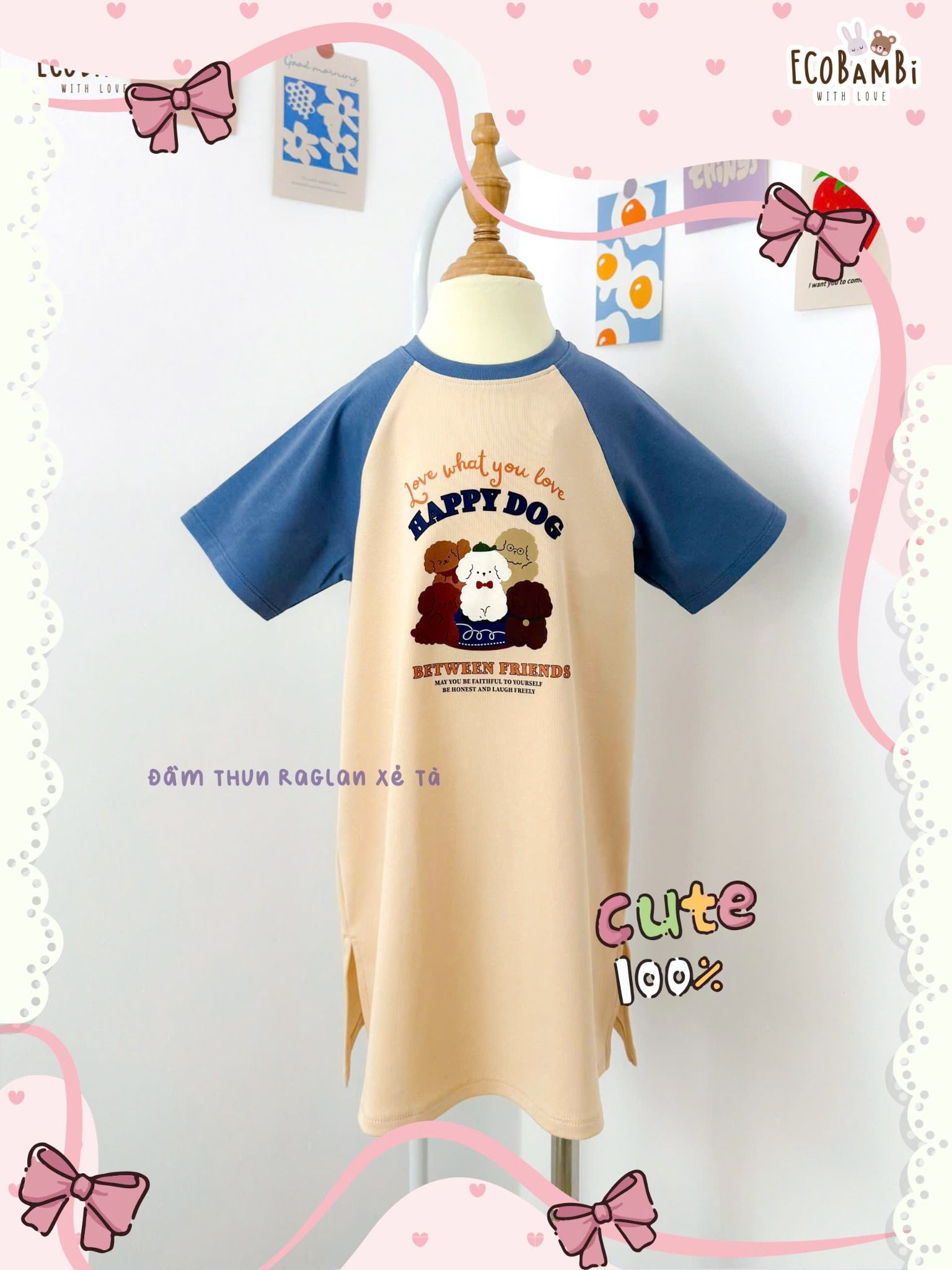 Đầm thun raglan dáng suông form thoải mái bé gái ECOBAMBI - 8935334001893