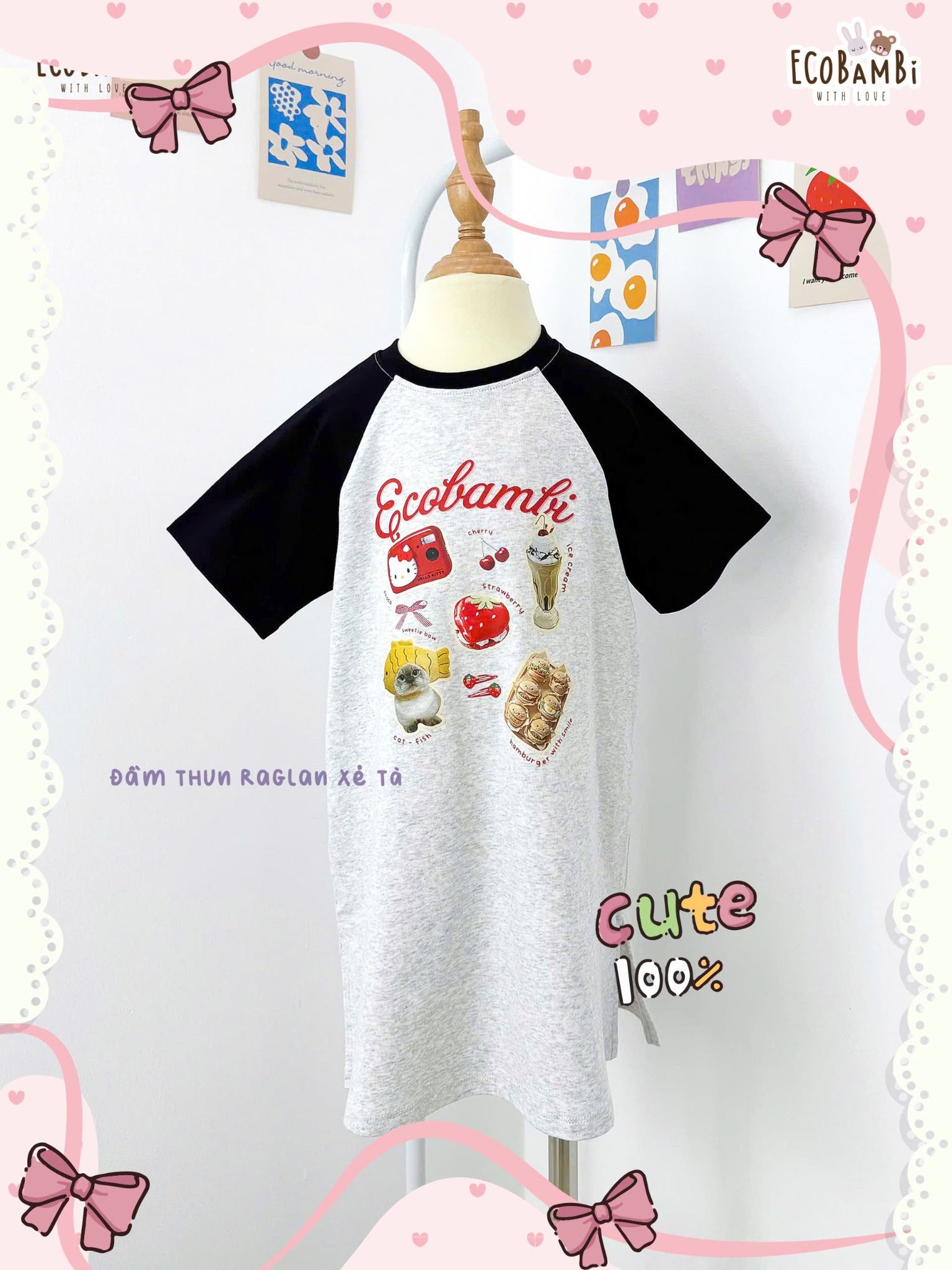 Đầm thun raglan dáng suông form thoải mái bé gái ECOBAMBI - 8935334001893