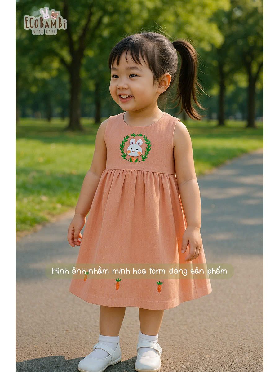 Đầm linen sát nách, khoét lưng thêu thỏ hoa bé gái - BB-24DAMBG025 - 8935334001657