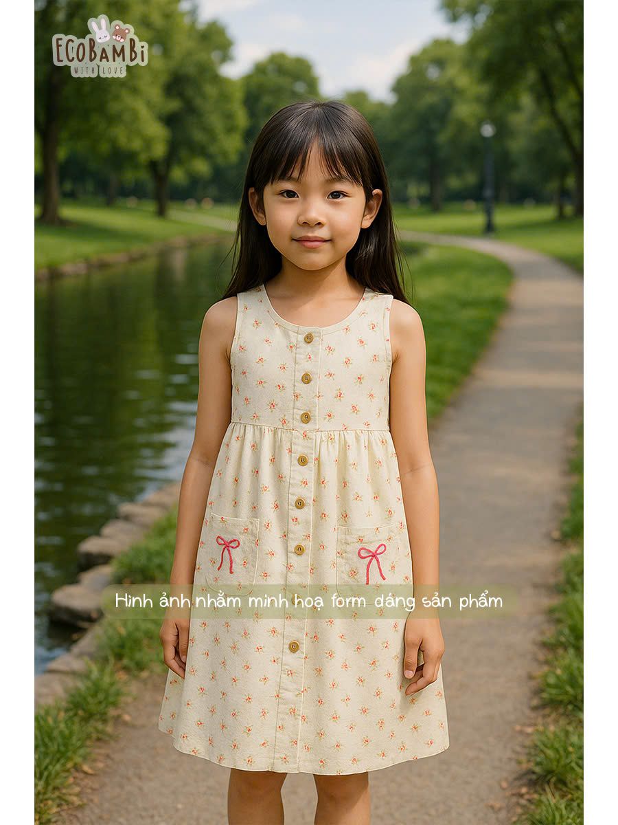 Đầm linen họa tiết sát nách có túi bé gái - 8935334001909