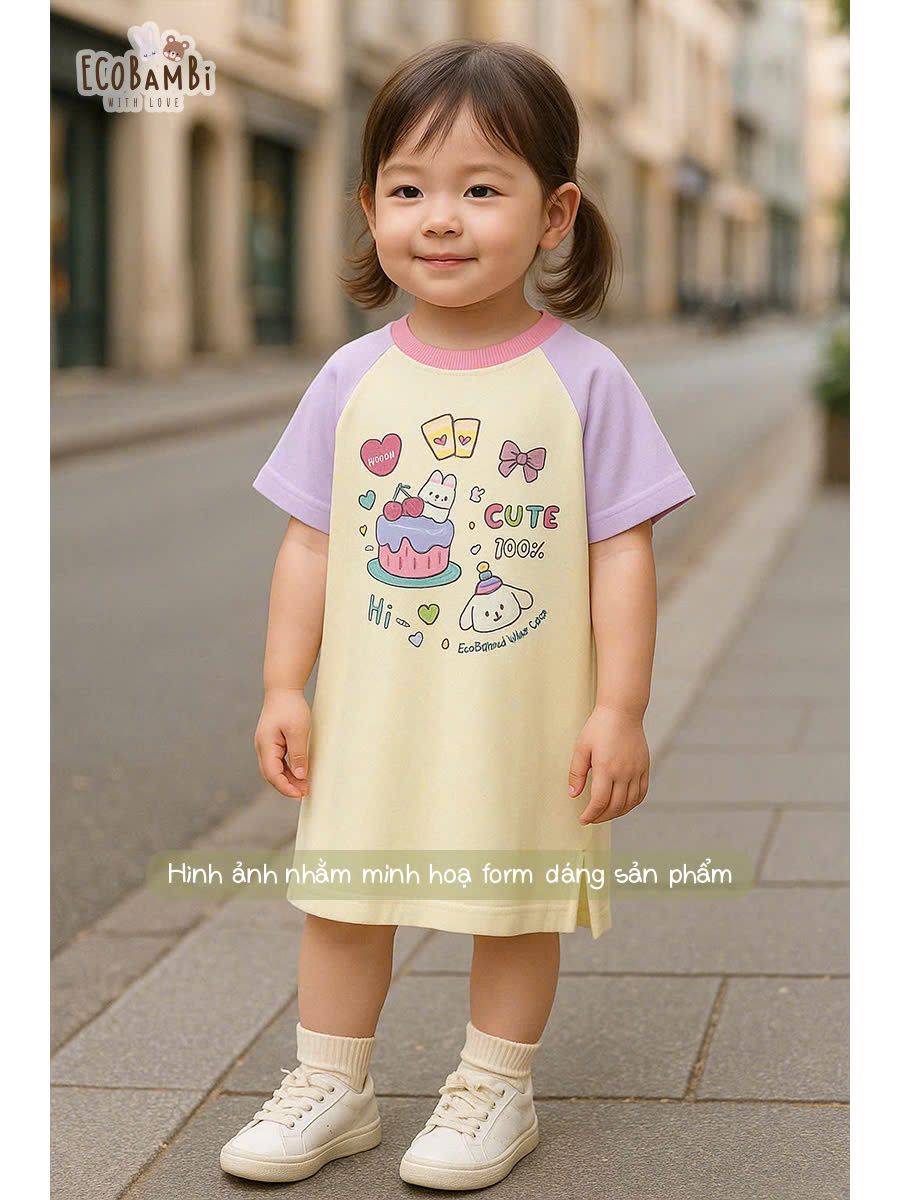 Đầm thun raglan dáng suông form thoải mái bé gái ECOBAMBI - 8935334001893