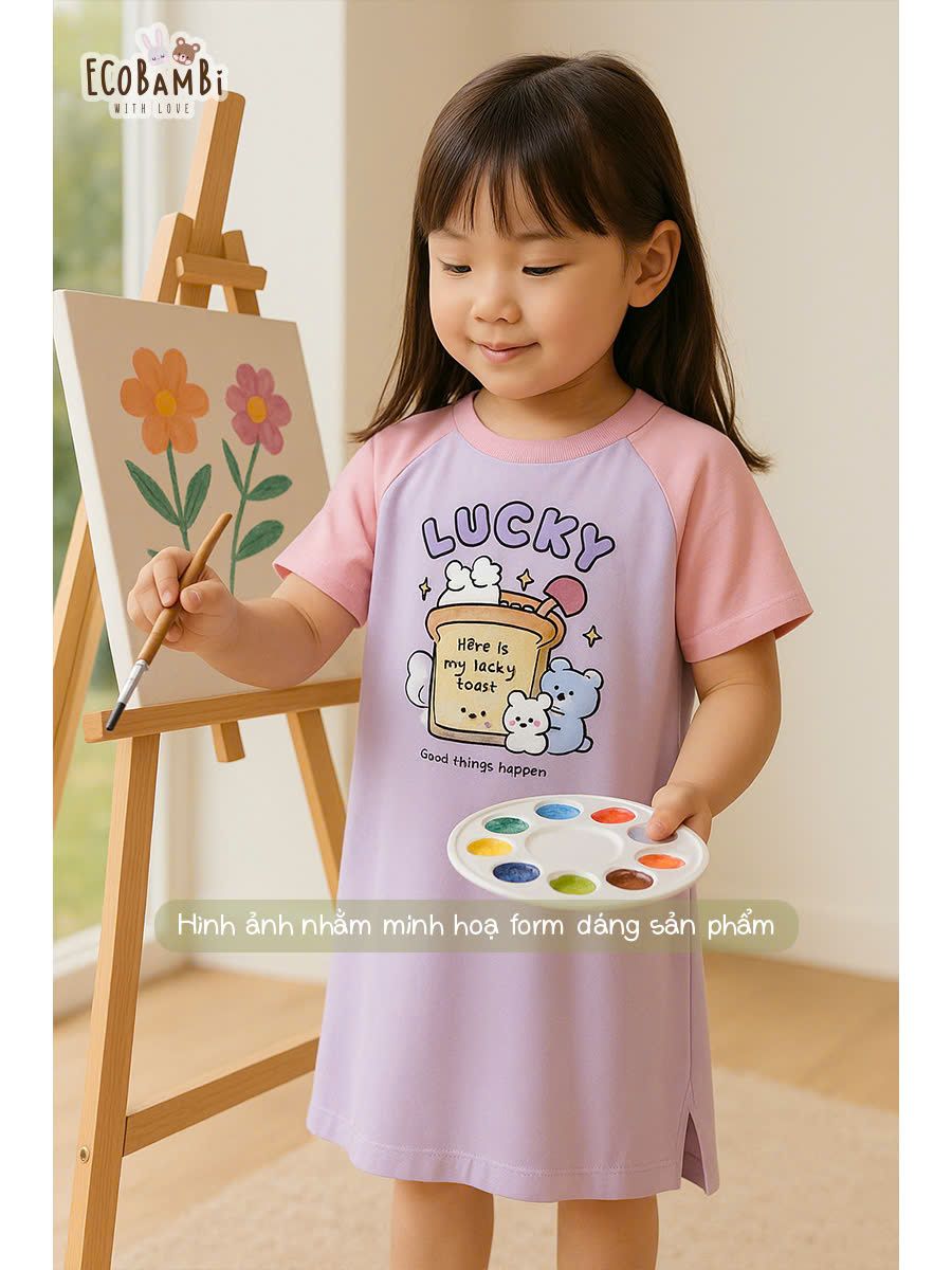 Đầm thun raglan dáng suông form thoải mái bé gái ECOBAMBI - 8935334001893