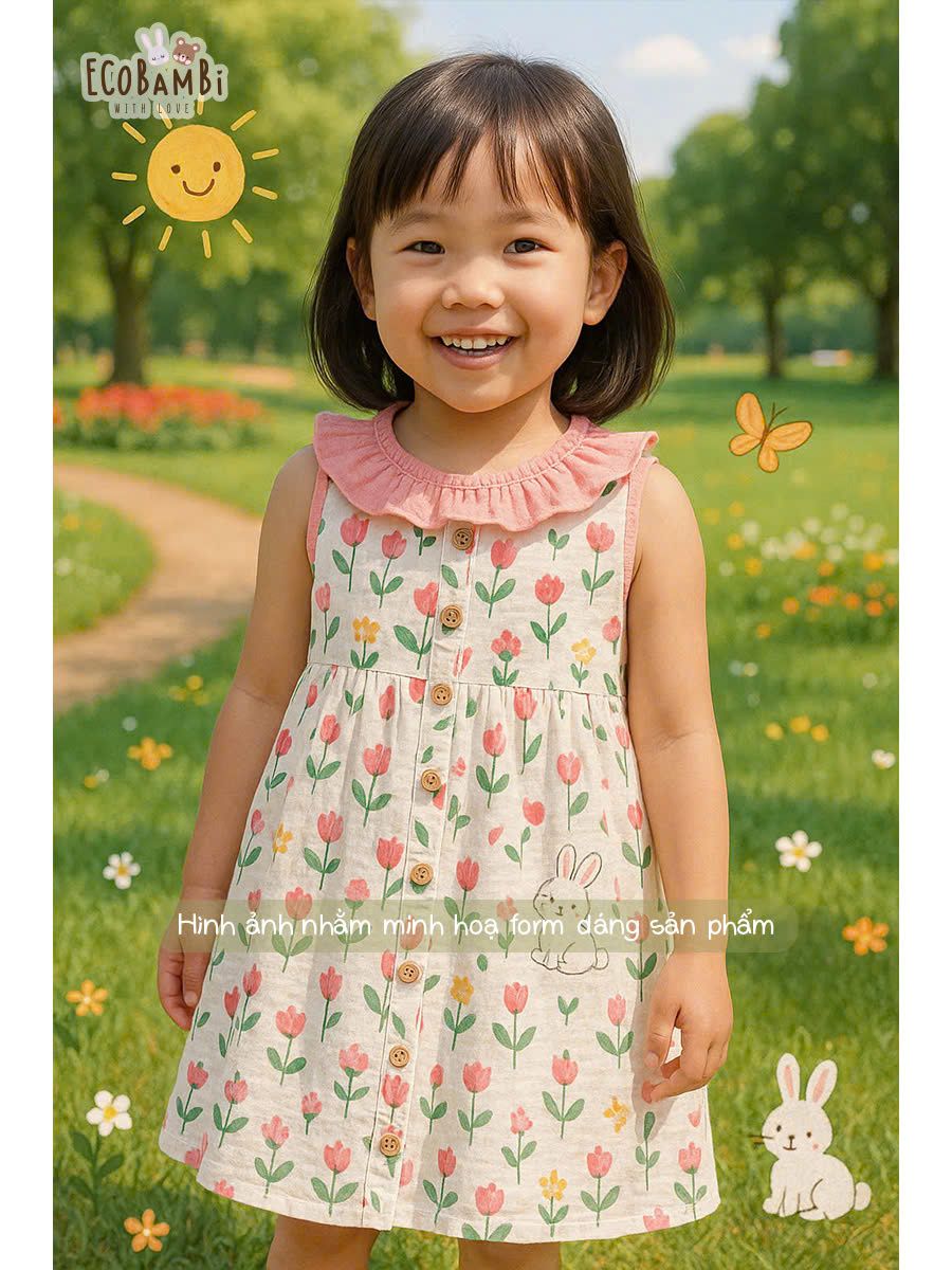 Đầm muslin sát nách phối cổ bèo bé gái ECOBAMBI - BB-23DAMBG057 - 8935334001398
