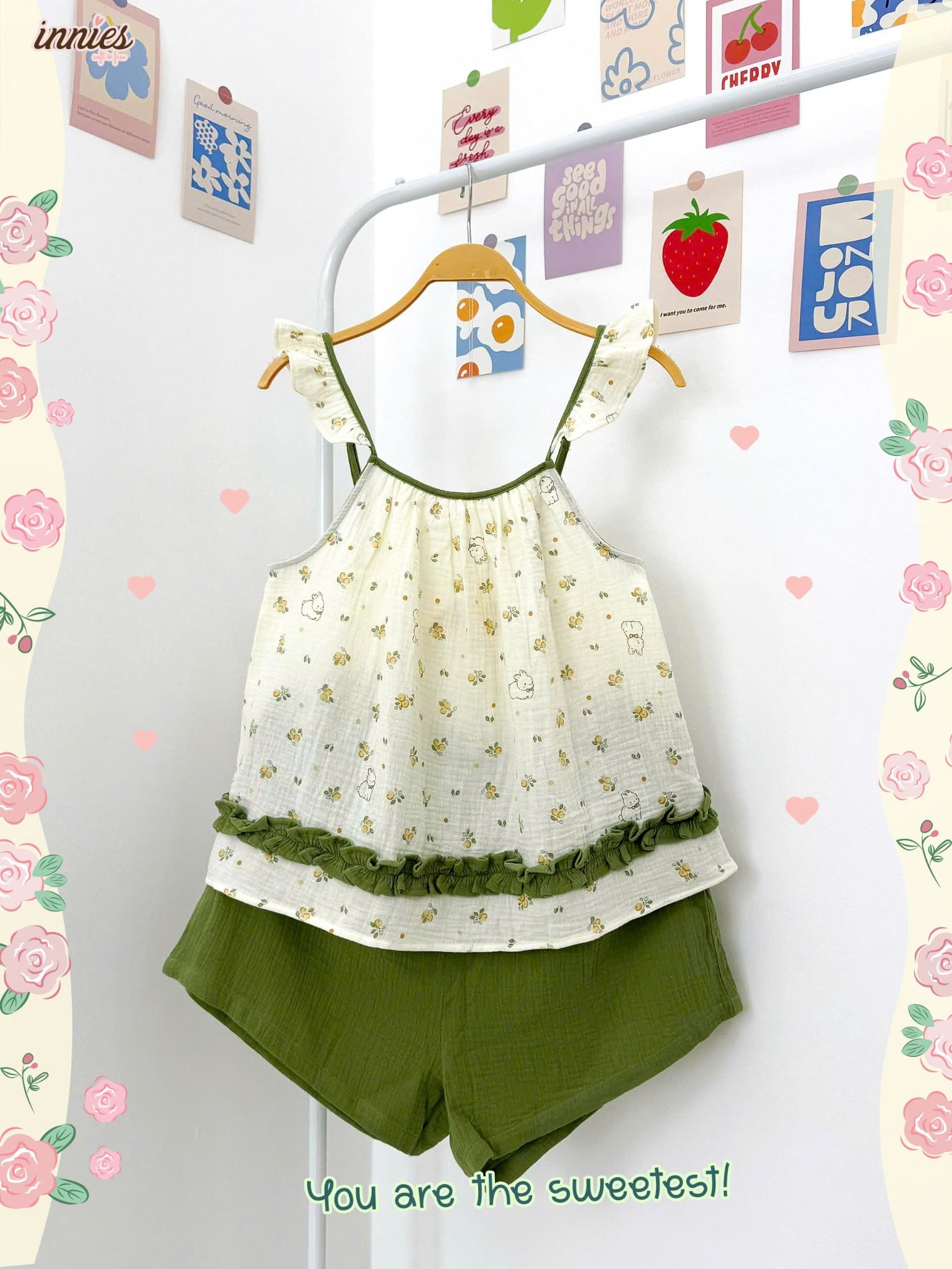 Bộ muslin 2 dây cánh tiên viền bèo nữ Innies - IN-24BONU004