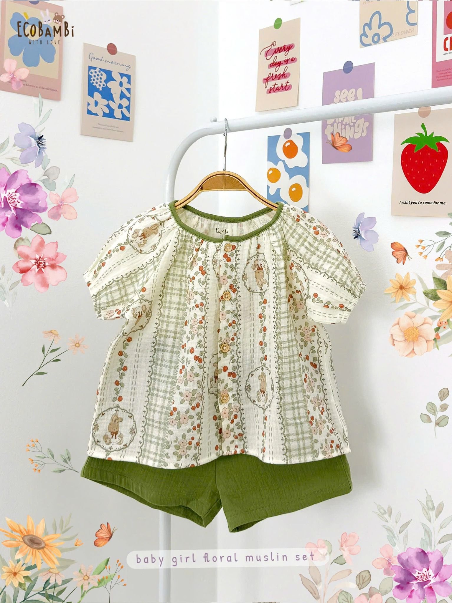 Bộ muslin tay phồng - quần shorts bé gái ECOBAMBI - BB-23BOBG053 - 8935334001367