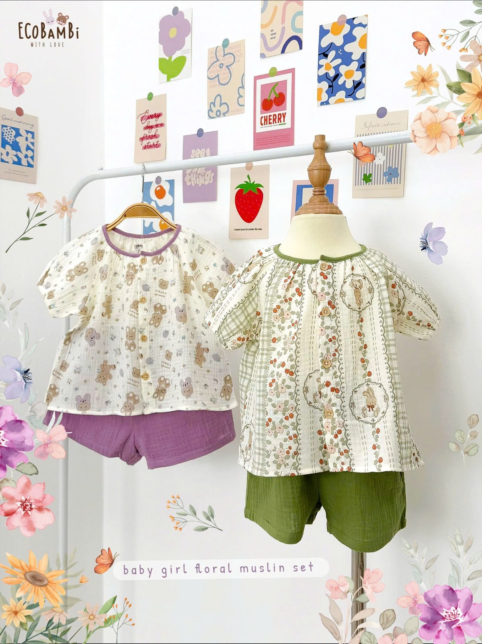 Bộ muslin tay phồng - quần shorts bé gái ECOBAMBI - BB-23BOBG053 - 8935334001367