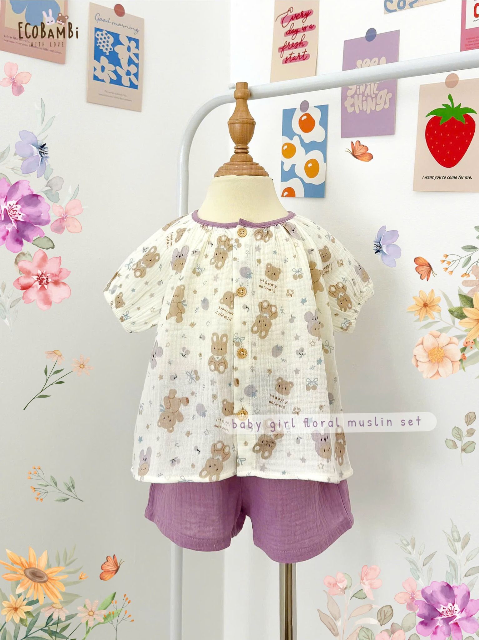 Bộ muslin tay phồng - quần shorts bé gái ECOBAMBI - BB-23BOBG053 - 8935334001367