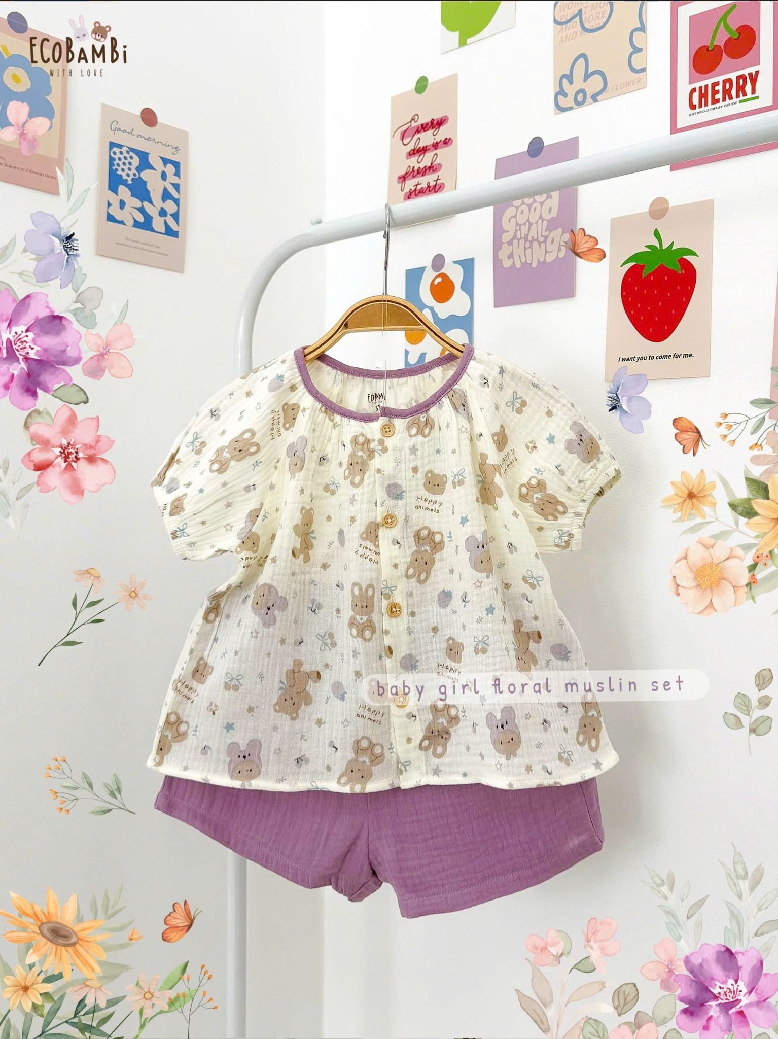 Bộ muslin tay phồng - quần shorts bé gái ECOBAMBI - BB-23BOBG053 - 8935334001367