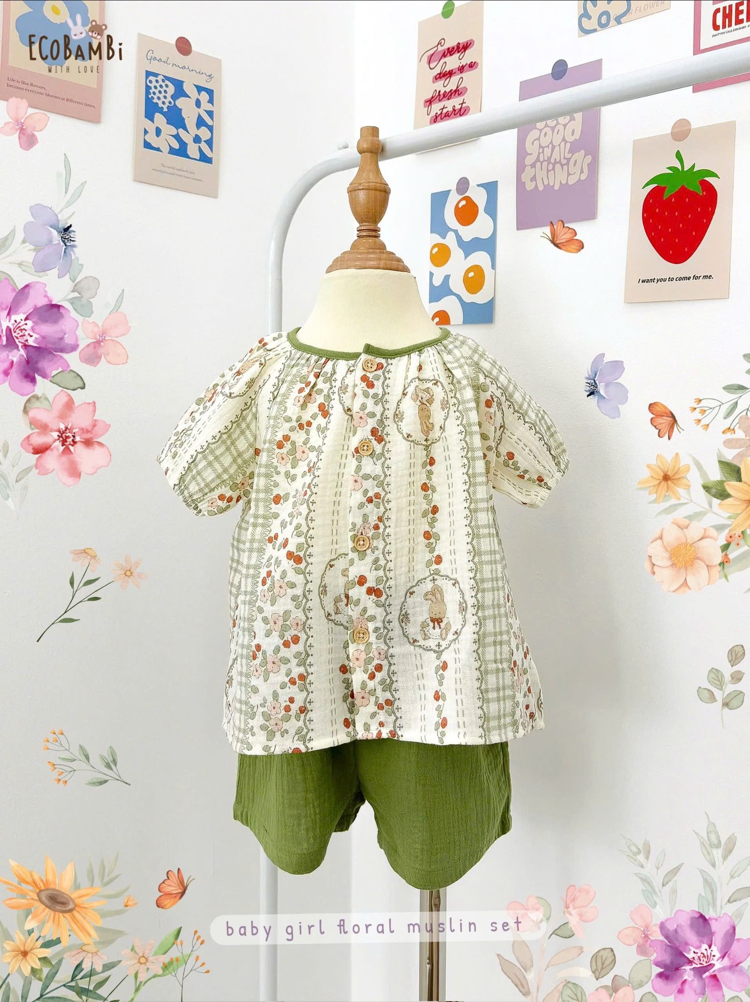 Bộ muslin tay phồng - quần shorts bé gái ECOBAMBI - BB-23BOBG053 - 8935334001367