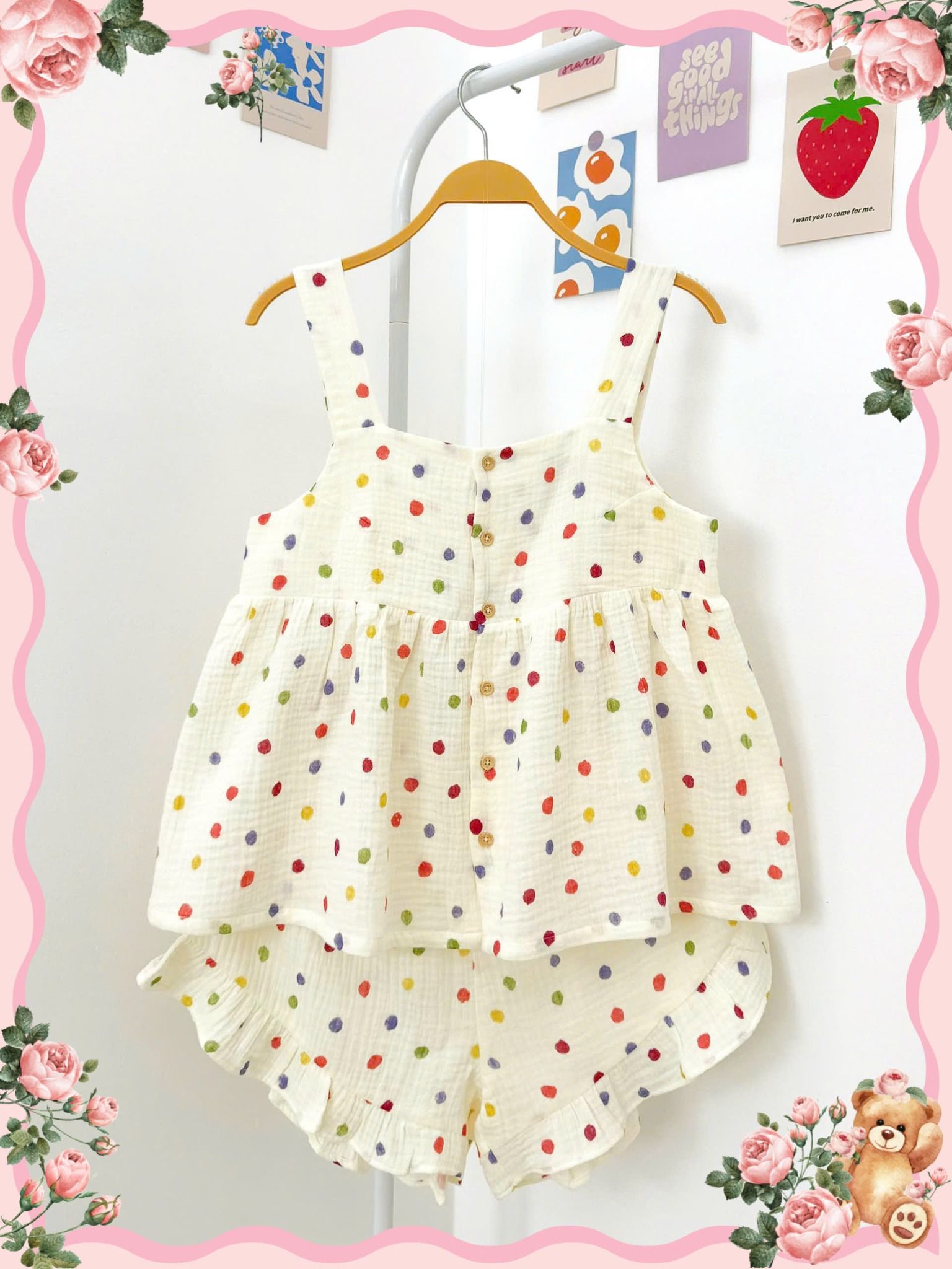 Bộ cotton muslin sát nách nút cài giữa - quần shorts bèo Nữ Innies IN-23BONU001 - 8935334000926